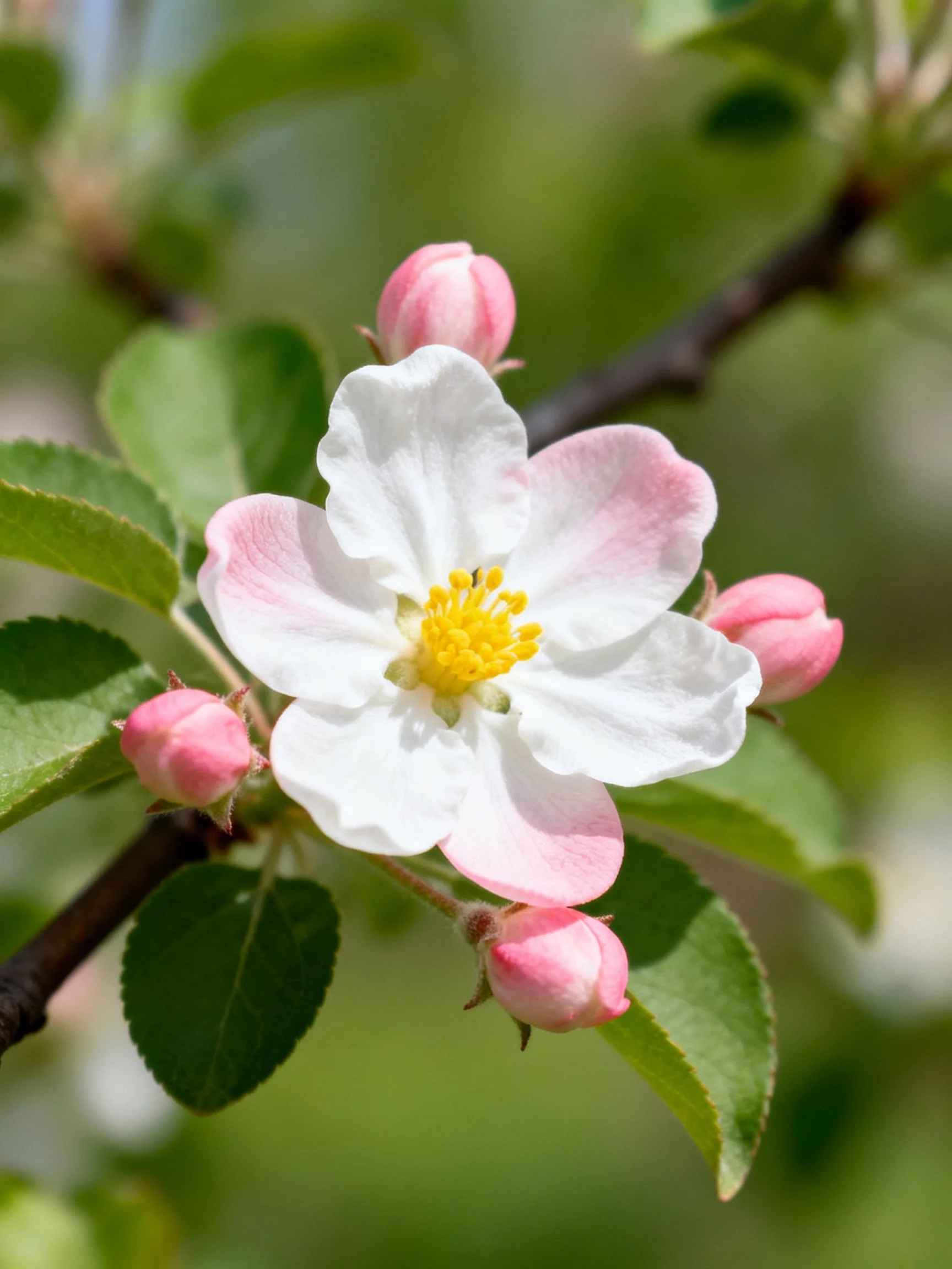A Single Apple Blossom with Pink Buds and Green Foliage