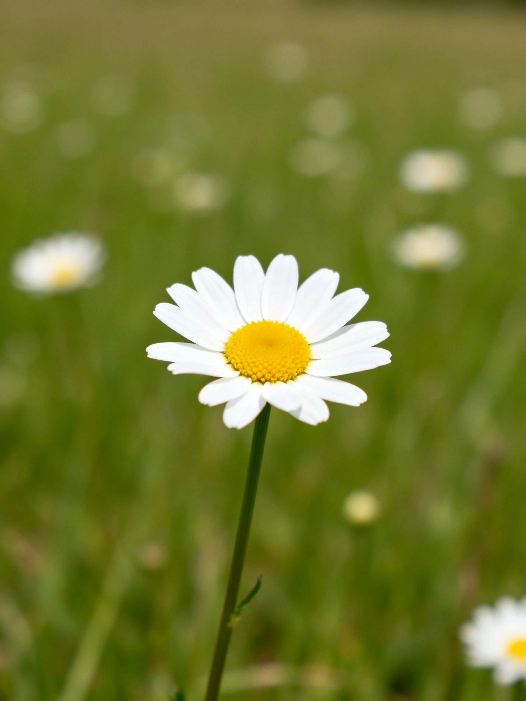 A Single Daisy with White Petals and Yellow Center Amidst Blurred Green Meadow