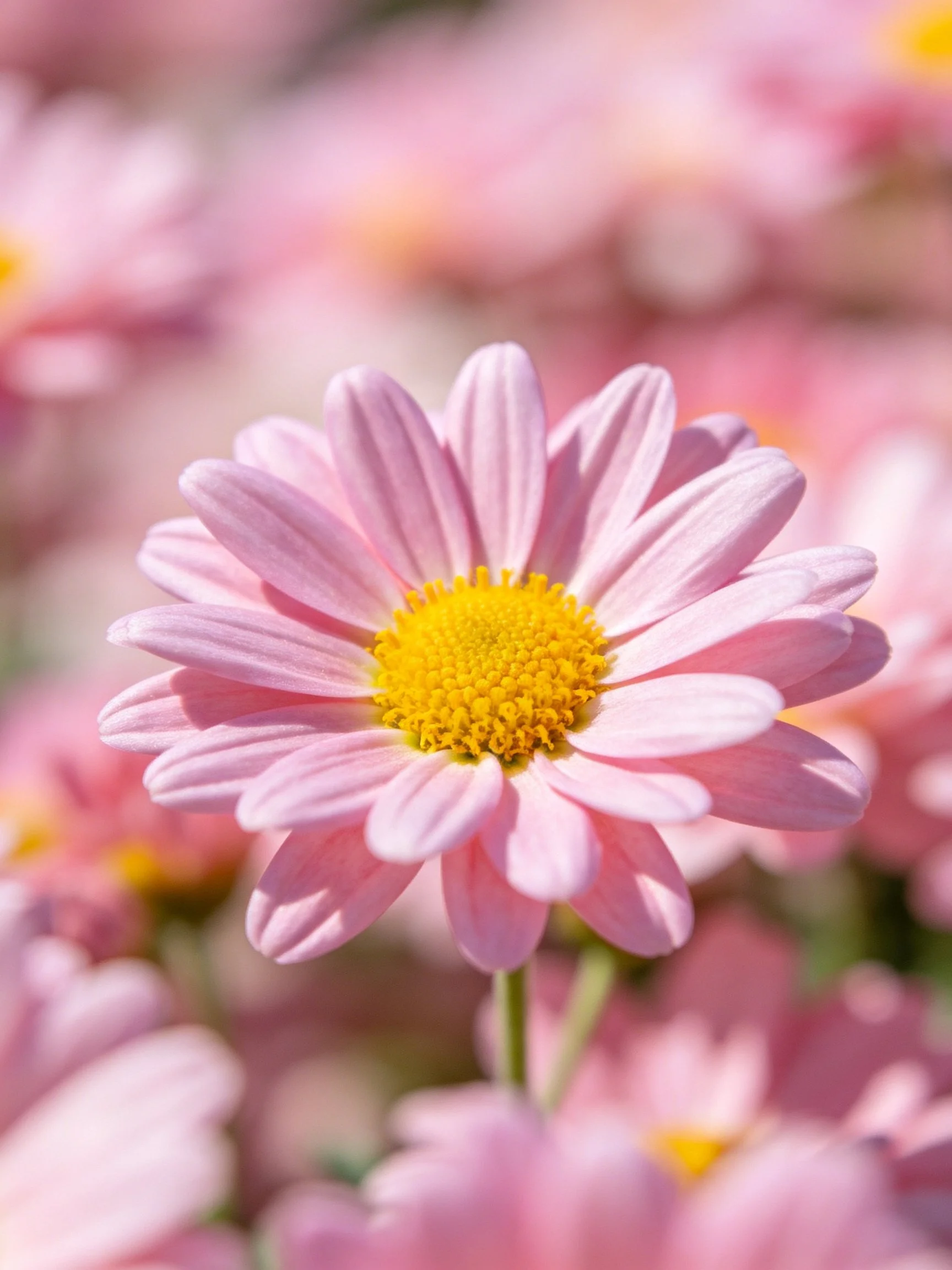 A Single Pink Daisy With Yellow Center Among Blurred Flowers