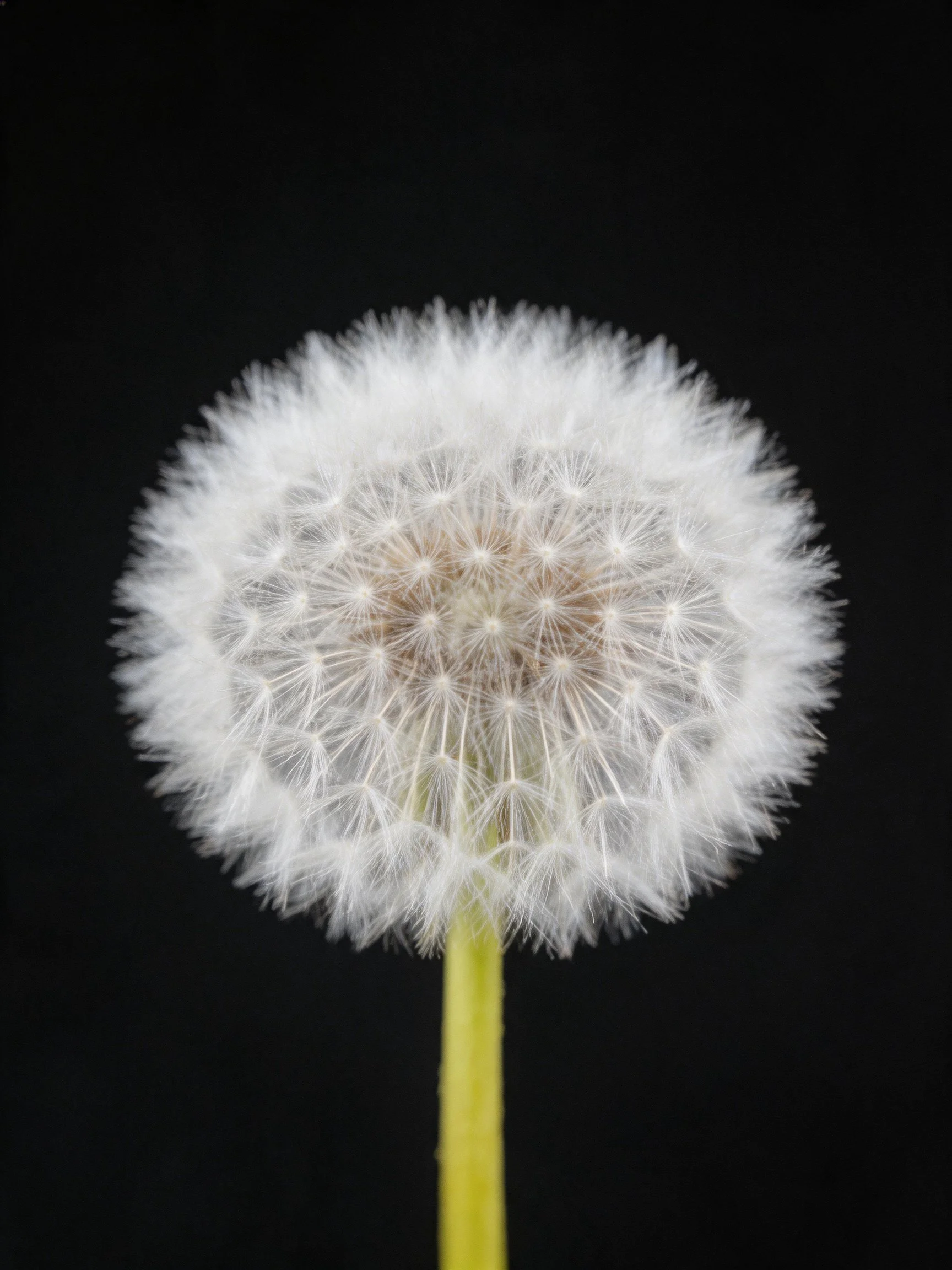 A Single White Dandelion Seed Head with Yellow Stem