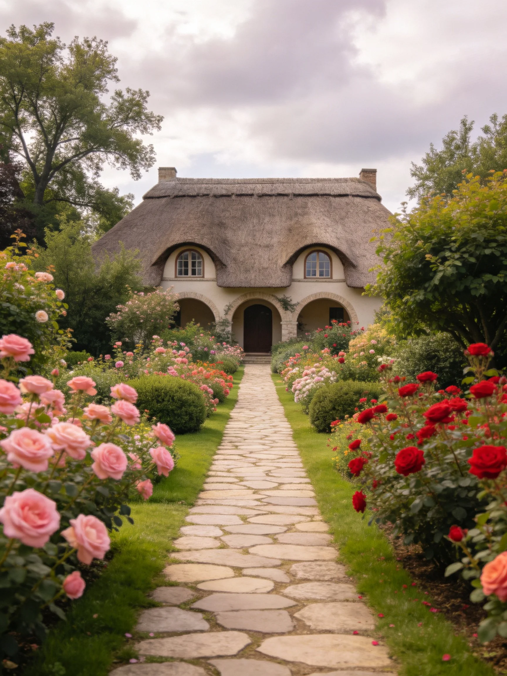 A Thatched Cottage Surrounded by Colorful Rose Gardens and Stone Path