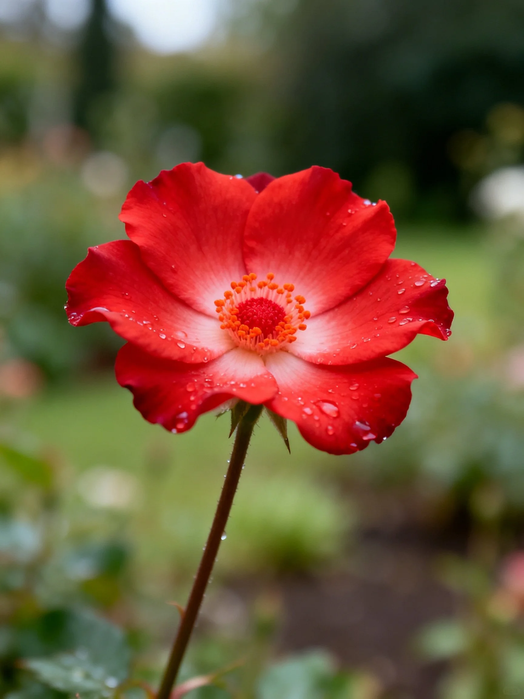 A Vibrant Red Rose With Water Droplets in a Garden