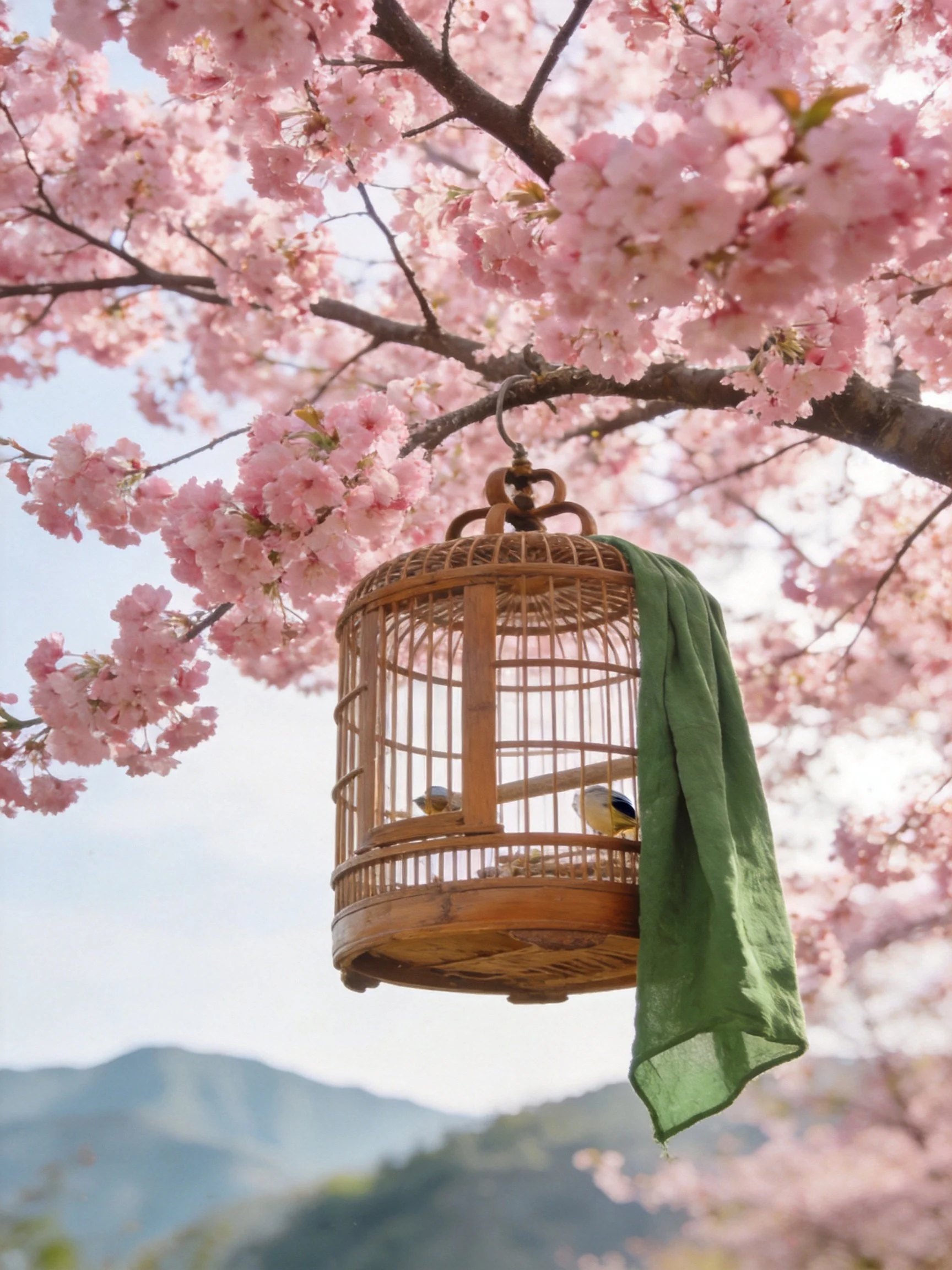 A bamboo birdcage with birds hangs amid pink cherry blossoms