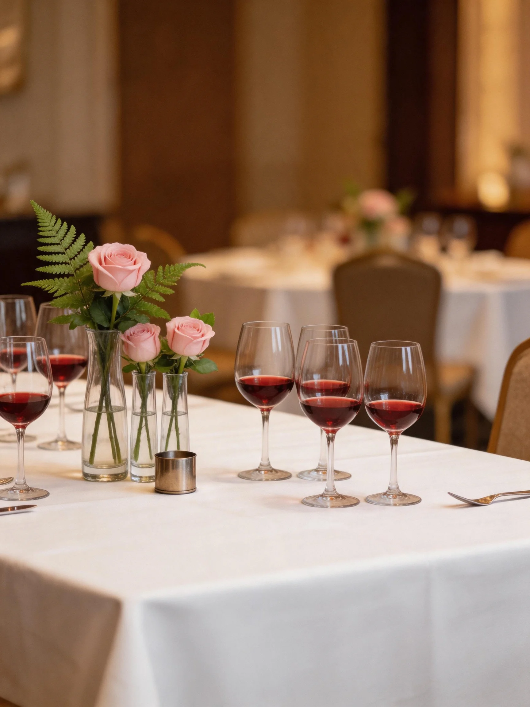 A banquet table with multiple wine glasses, pink roses, and white tablecloths