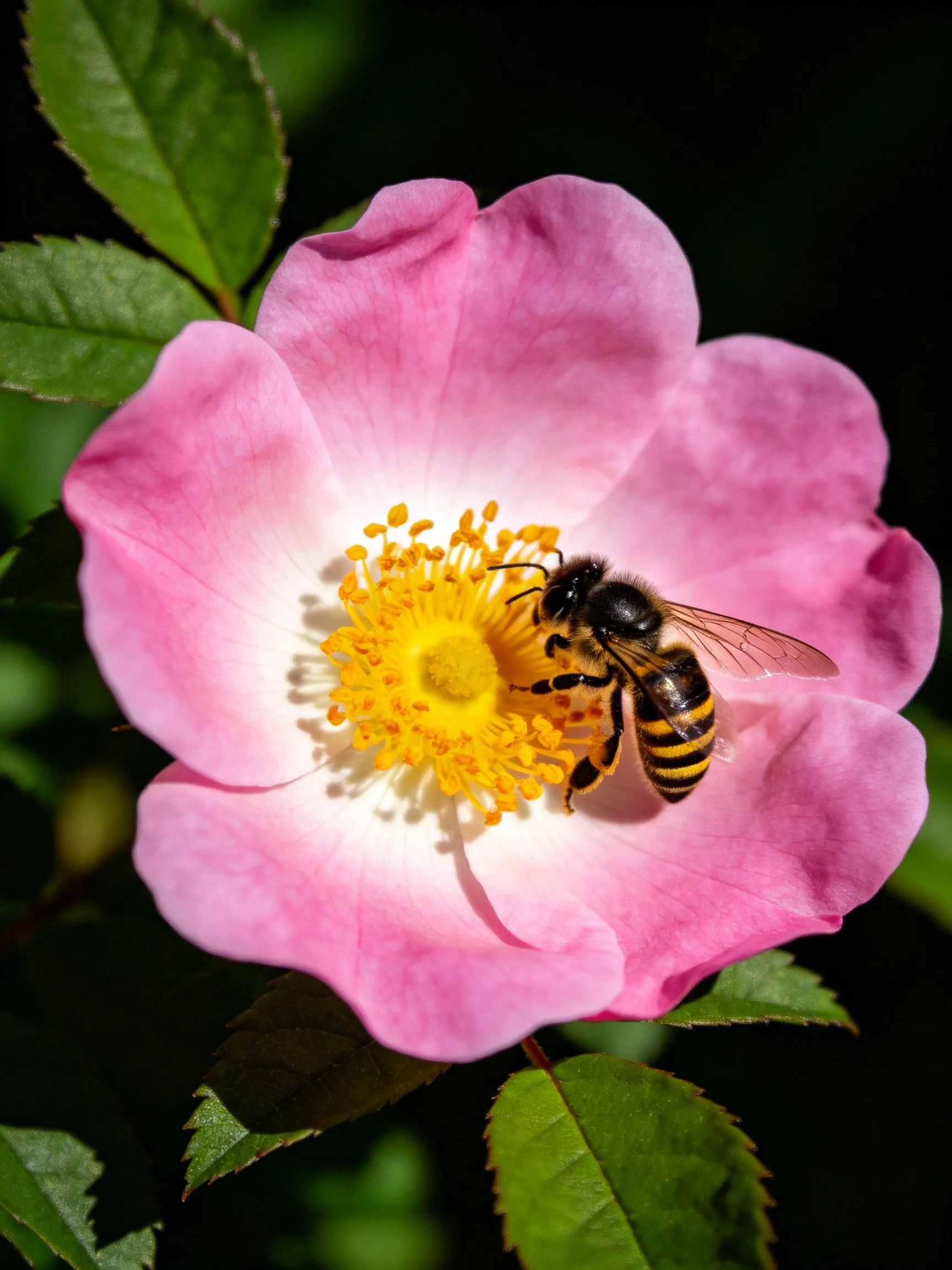 A bee collecting nectar from a pink rose blossom