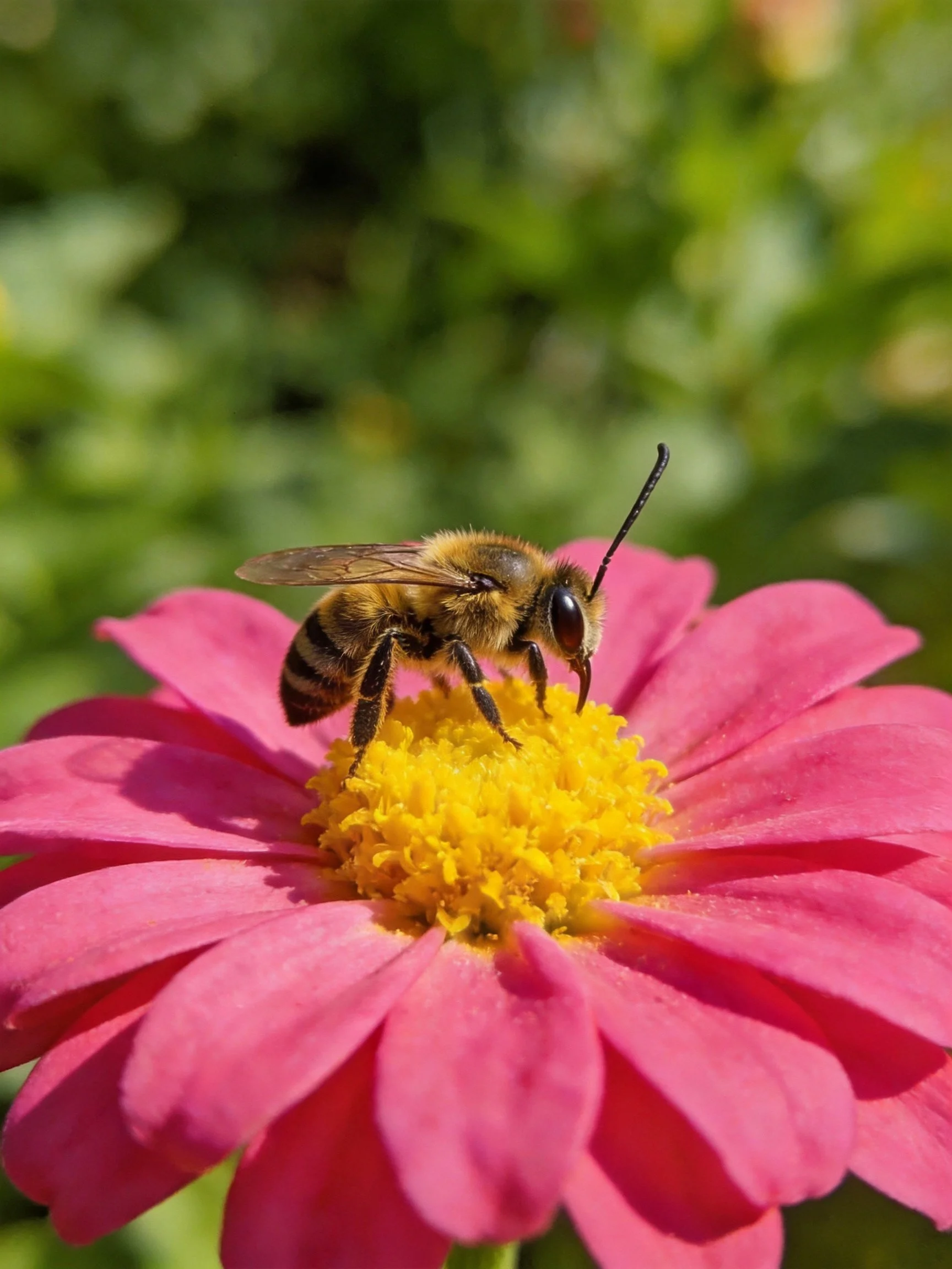 A bee collecting nectar from a vibrant pink flower