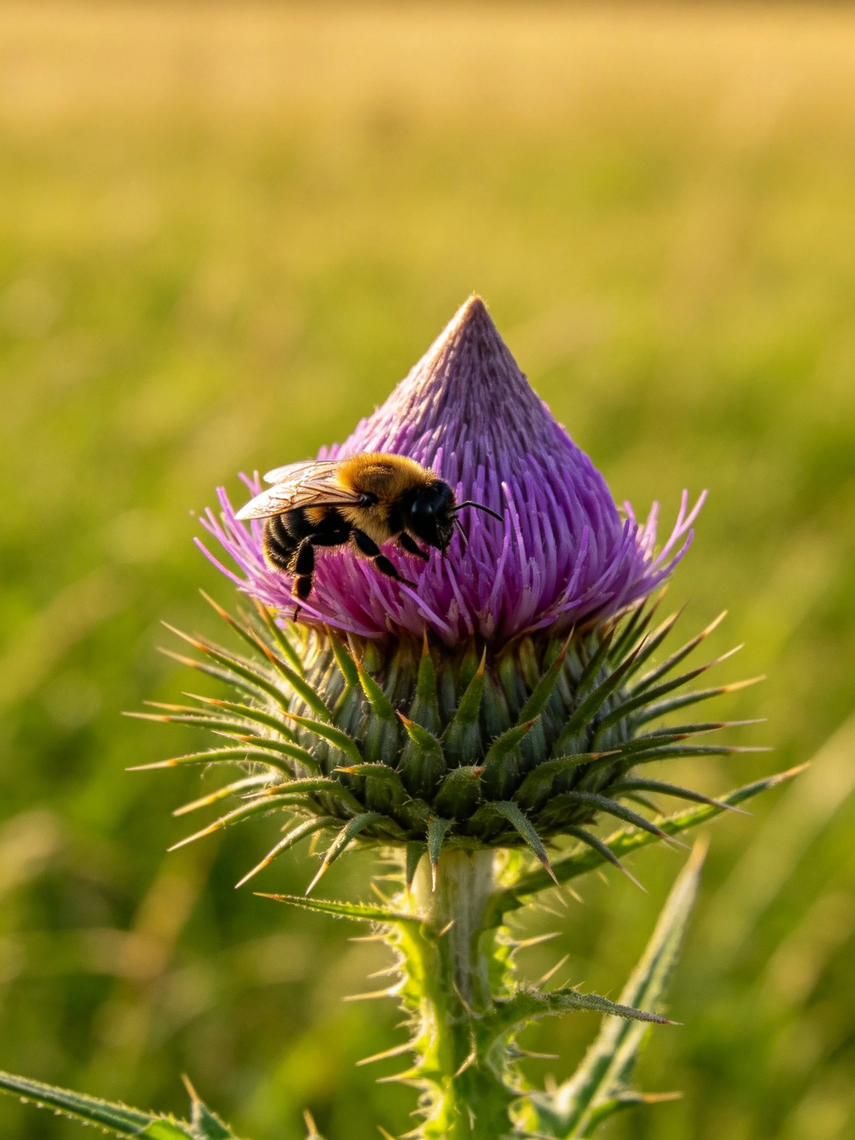 A bee collecting nectar from a vibrant purple thistle