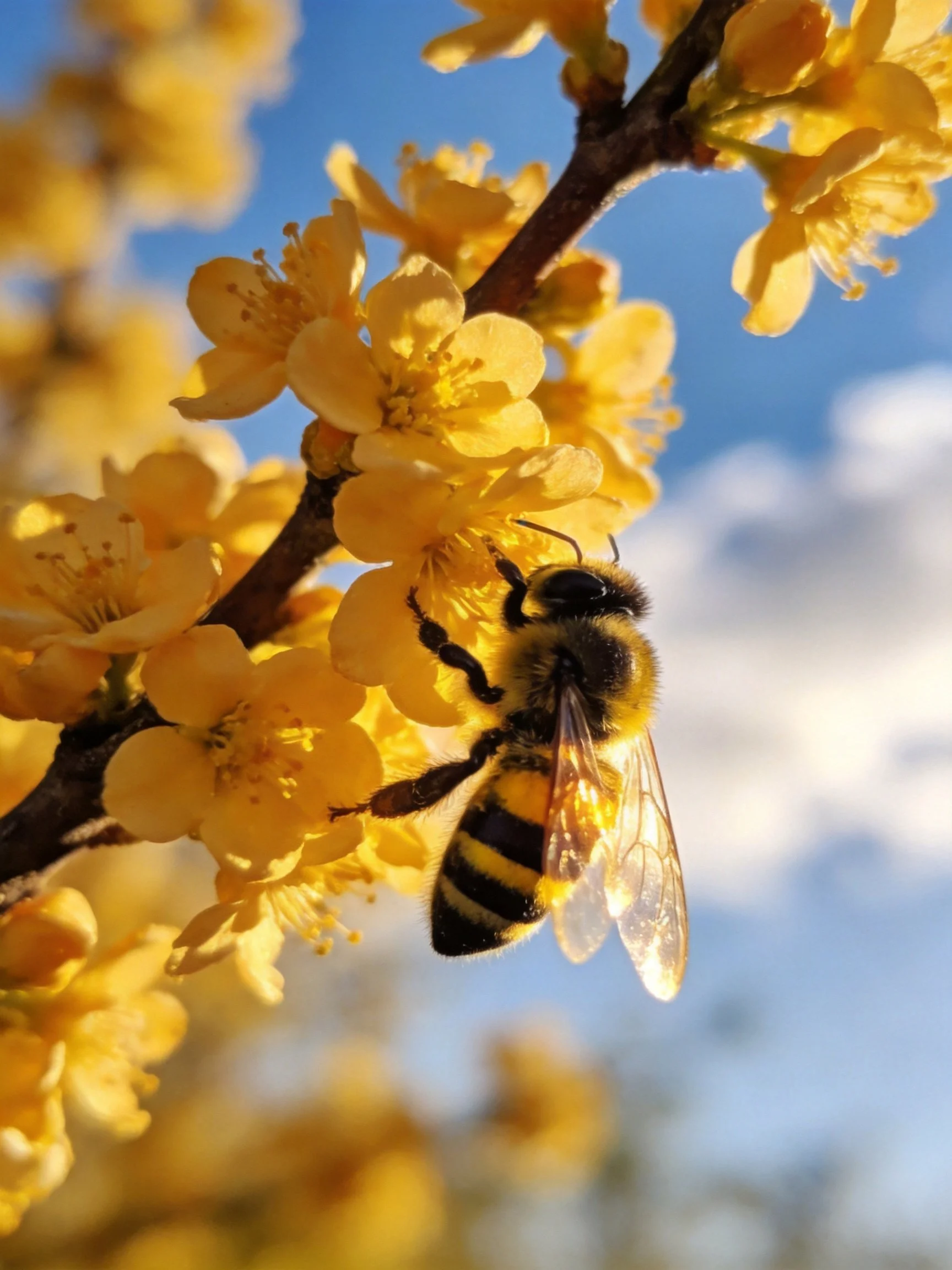 A bee collecting nectar from bright yellow flowers under a sunny sky