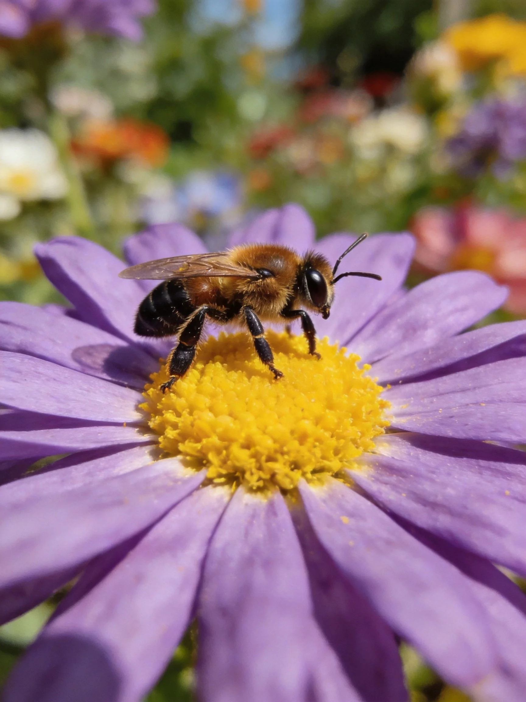 A bee collecting pollen on a vibrant purple flower with a yellow center