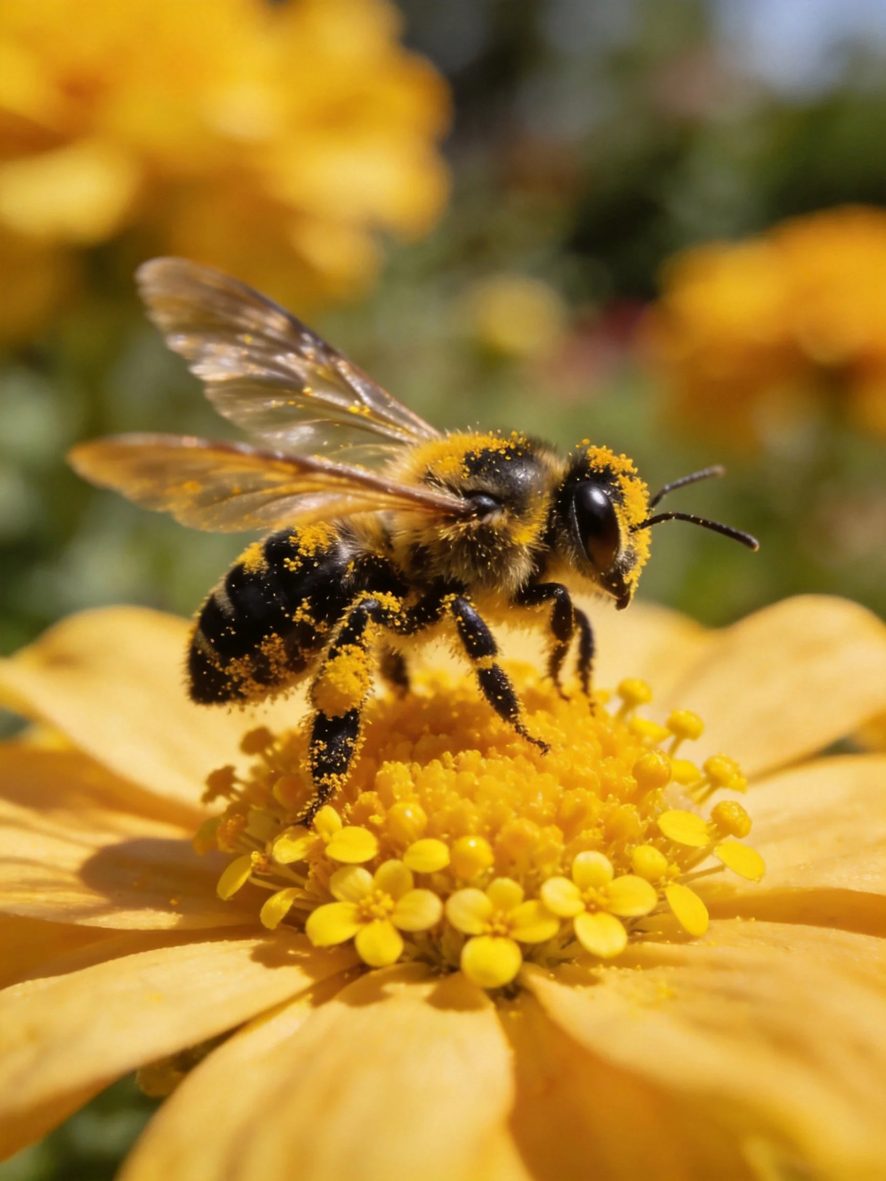 A bee dusted in pollen gathers nectar from a bright yellow flower