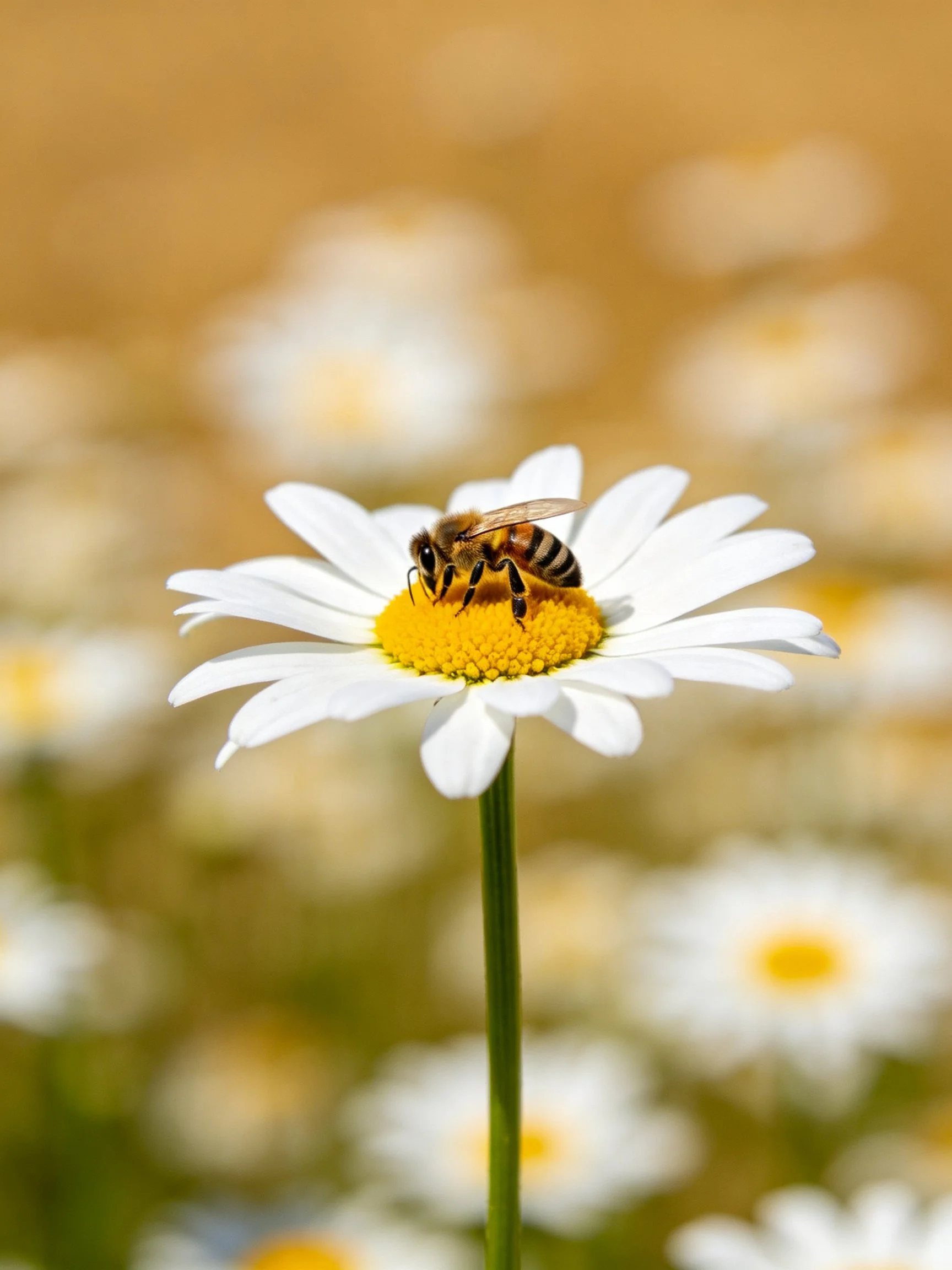 A bee gathering pollen on a white daisy in a flower-filled meadow