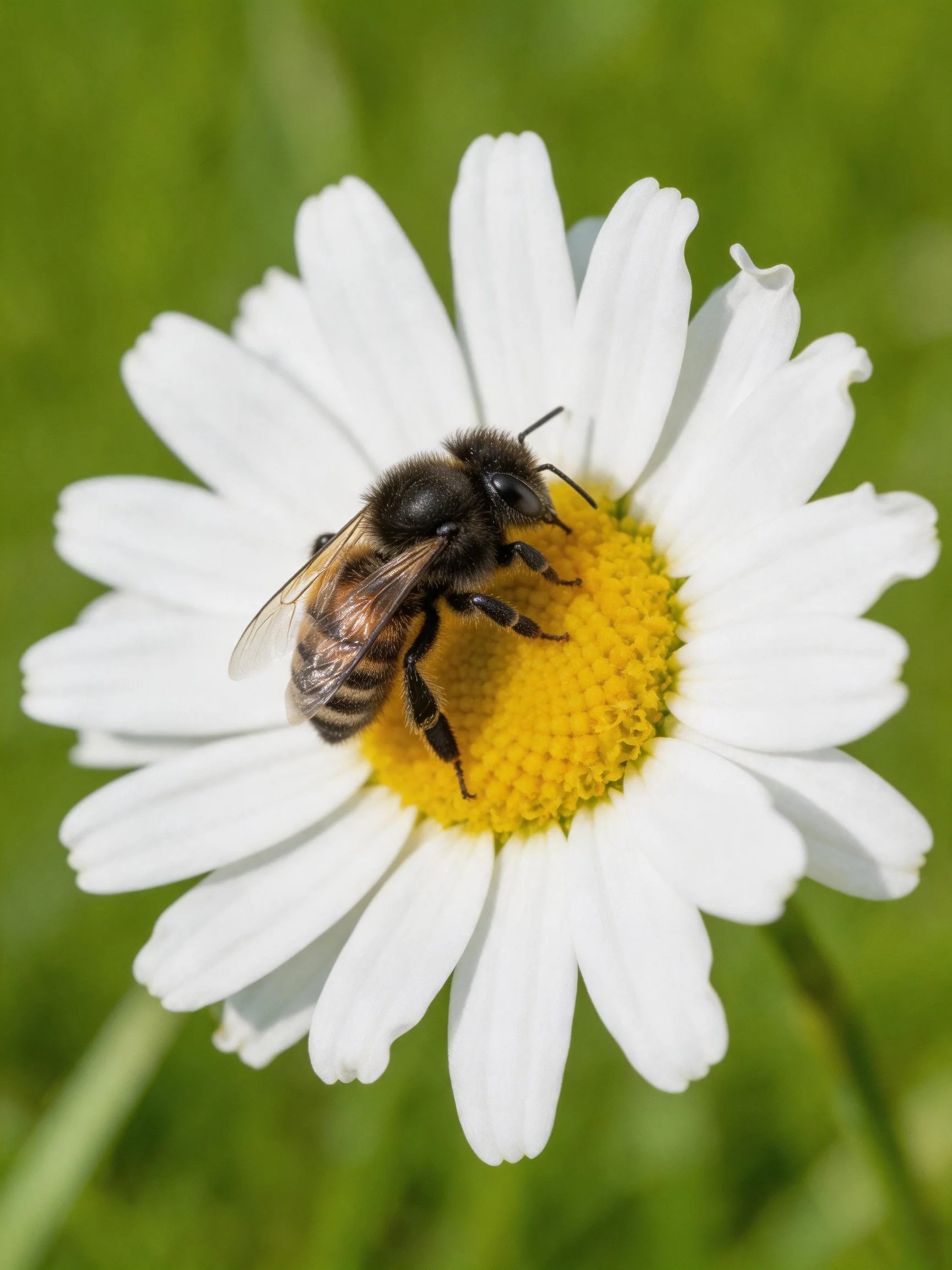 A bee gathering pollen on a white daisy with a bright yellow center