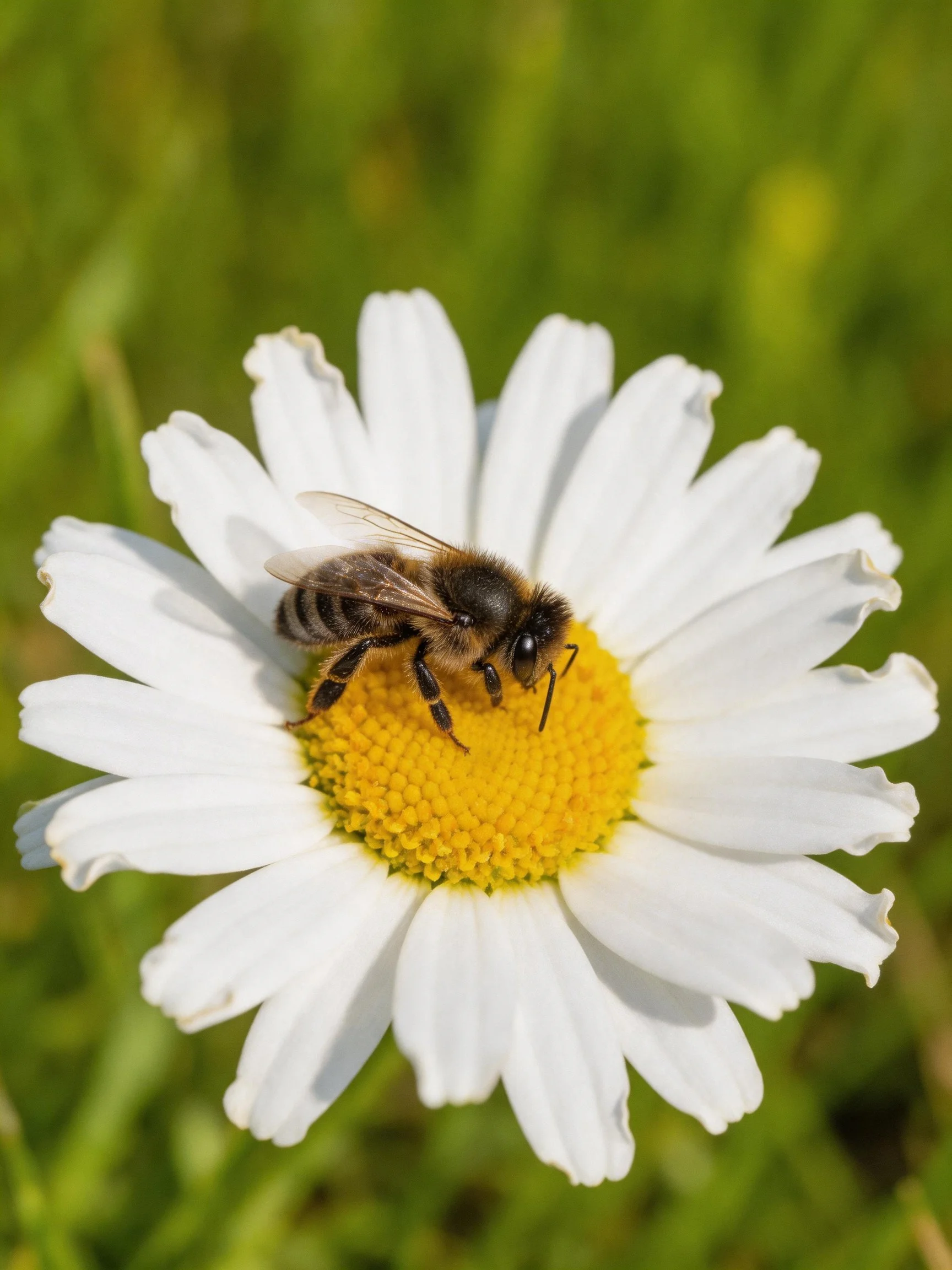 A bee gathering pollen on a white daisy with a yellow center