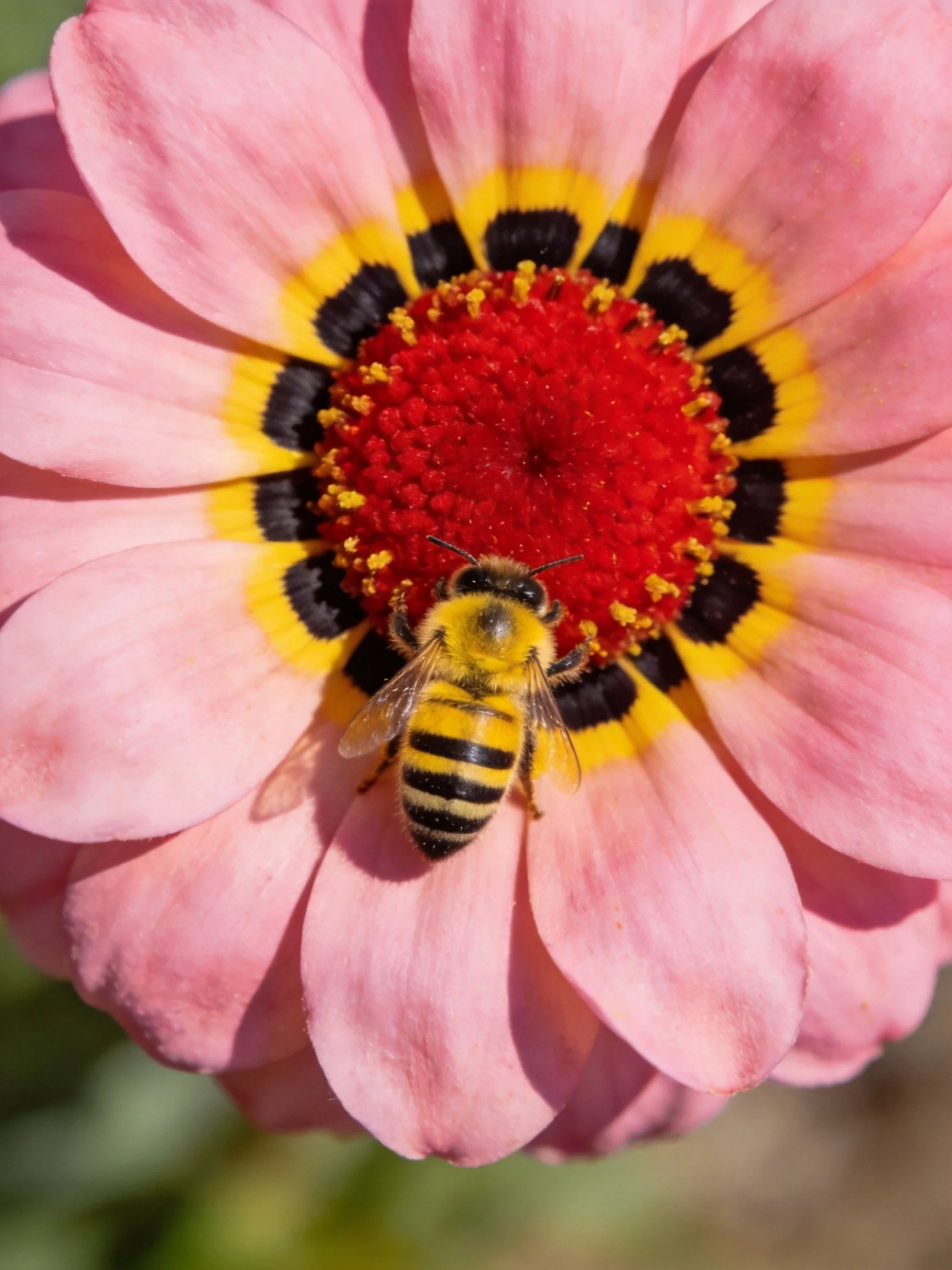 A bee gathers nectar from a pink and yellow flower with a red center