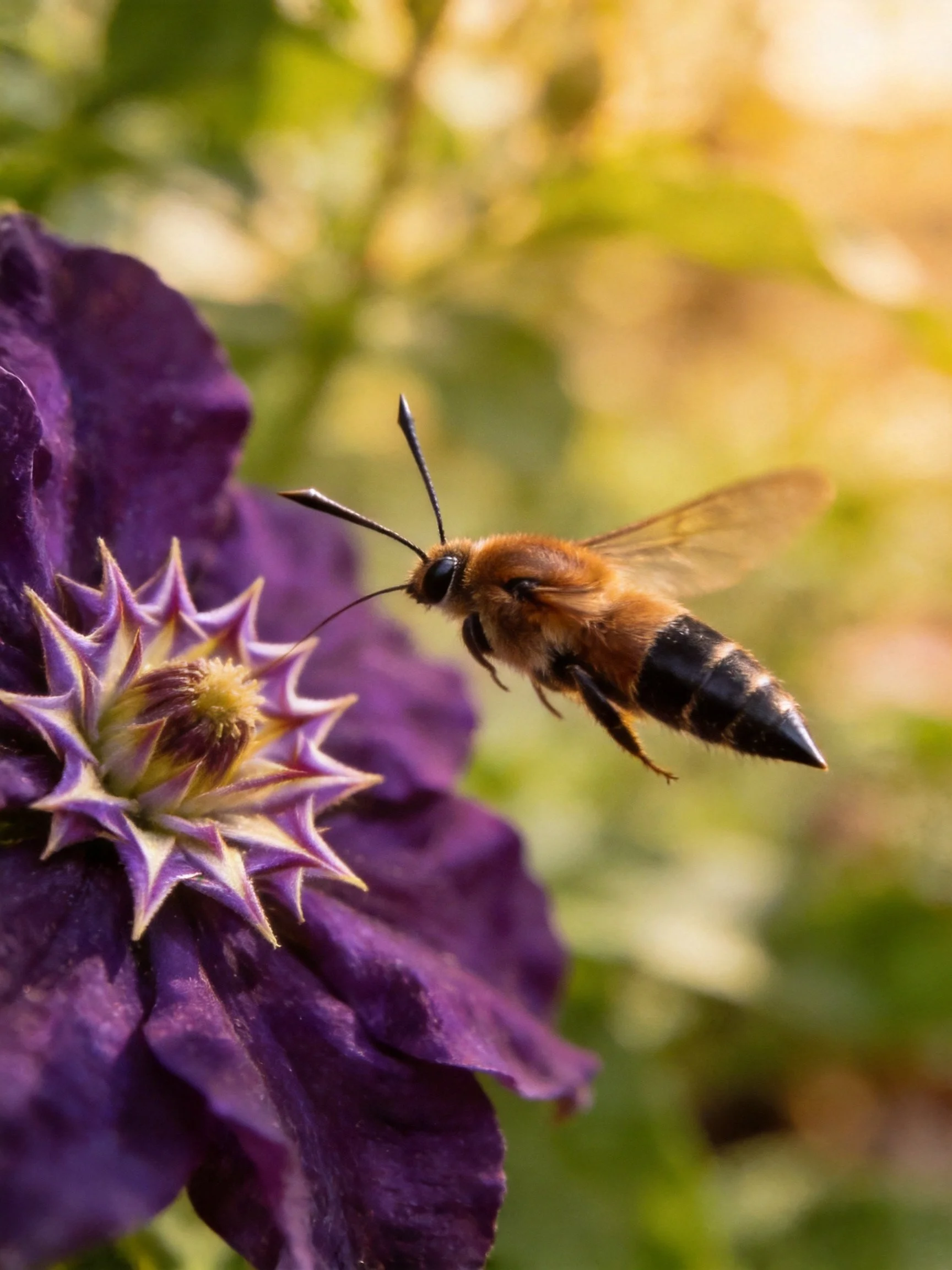 A bee hovers near a vibrant purple flower with spiky petals