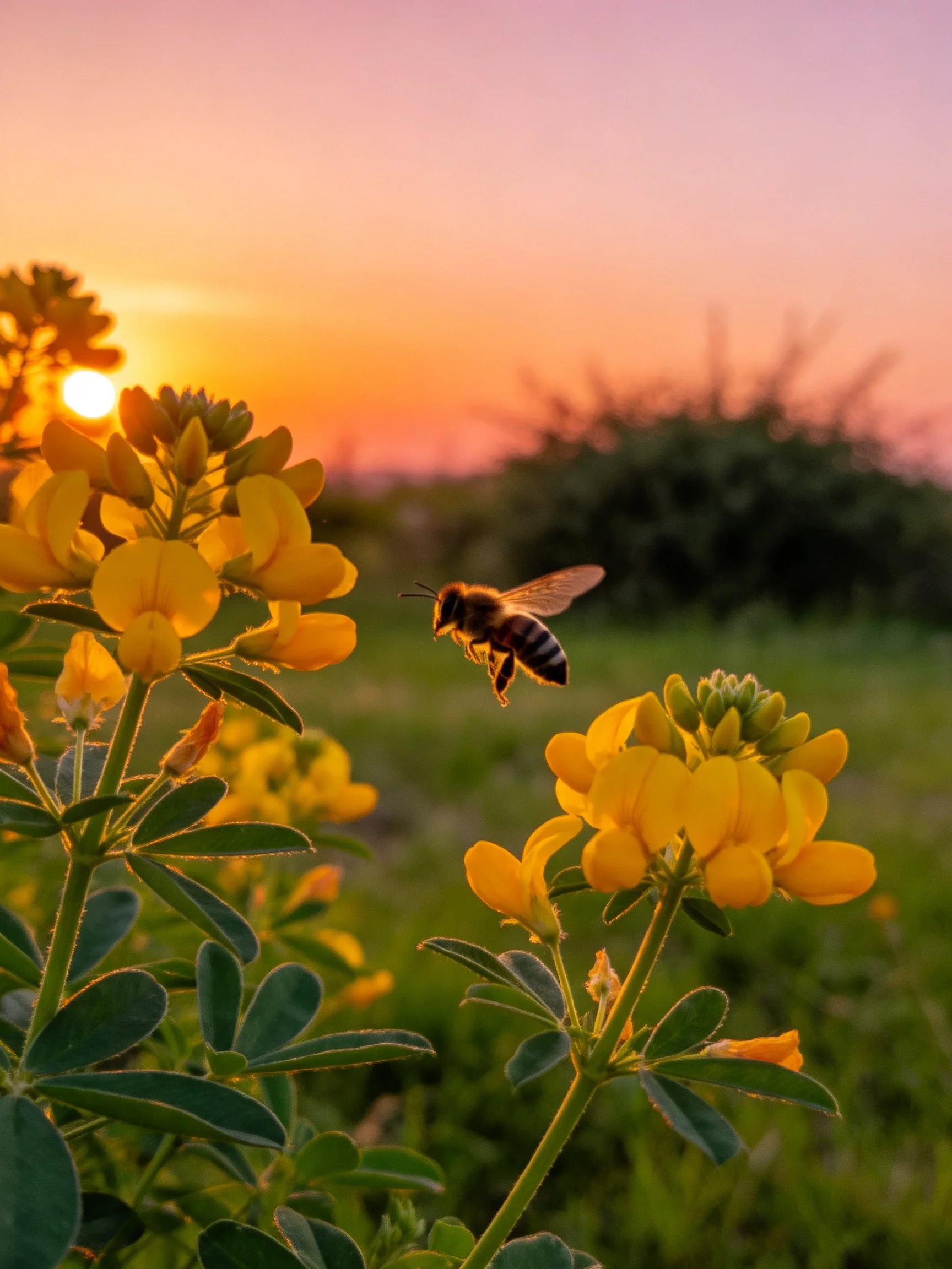 A bee hovers near vibrant yellow blooms under a pink-orange sunset