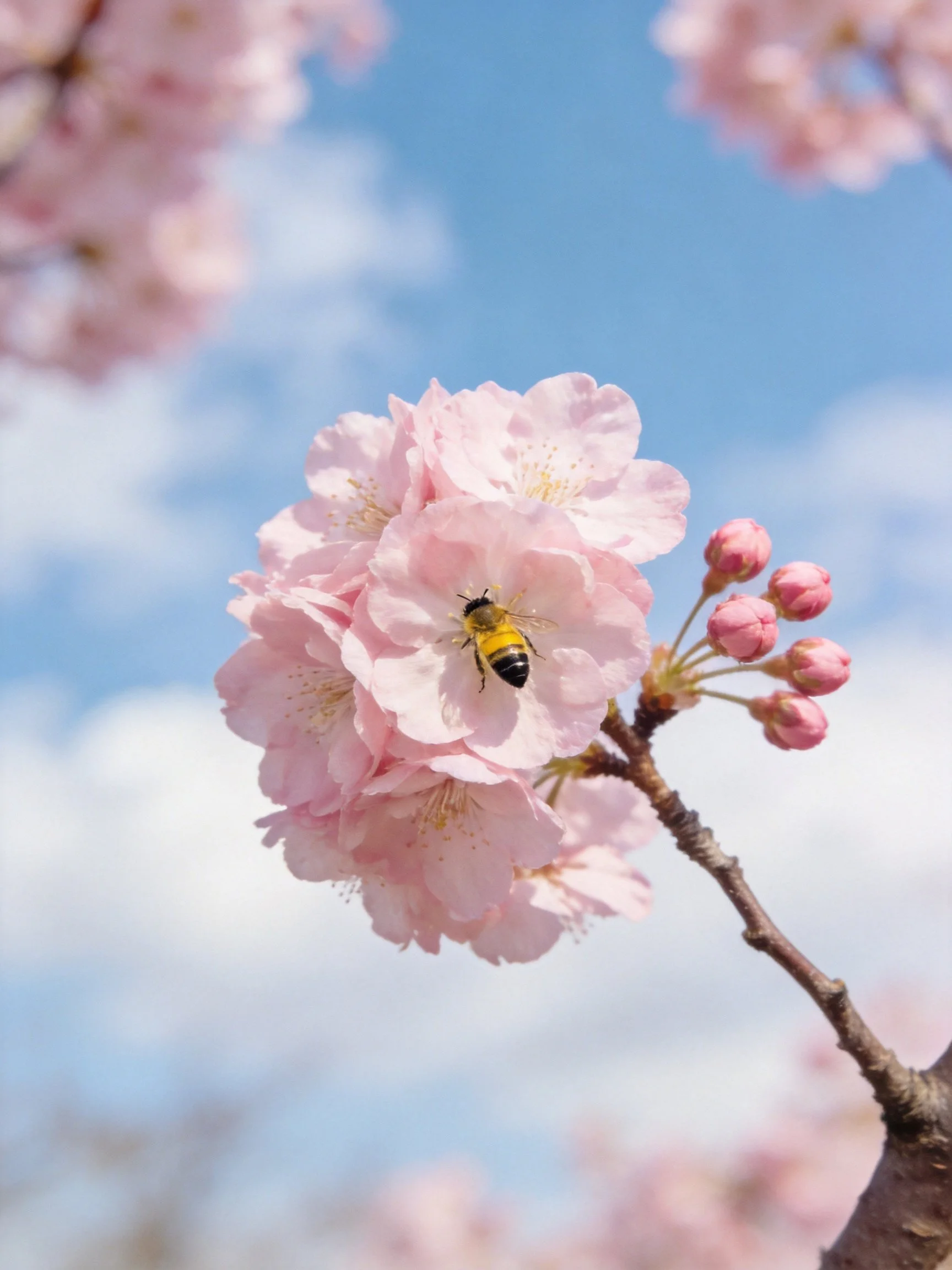 A bee on soft pink cherry blossoms against a bright blue sky