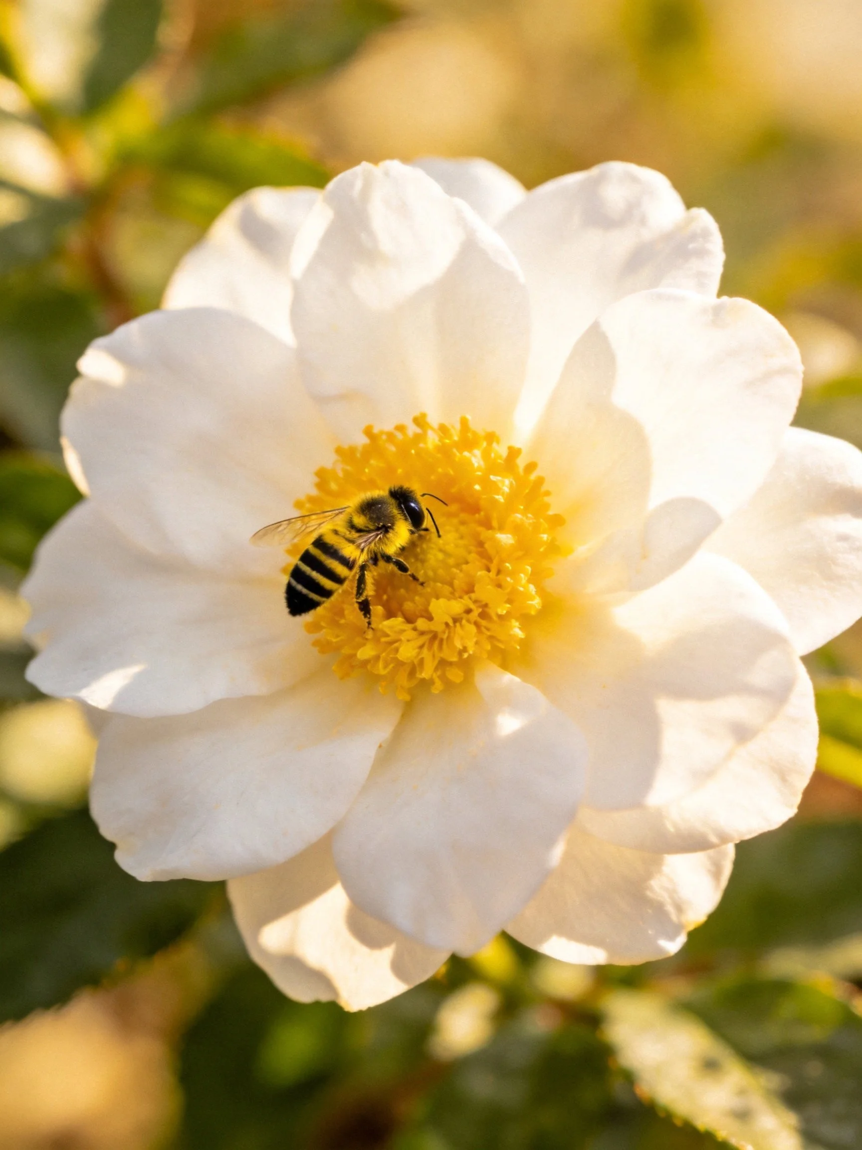A bee pollinating a large white flower with a yellow center