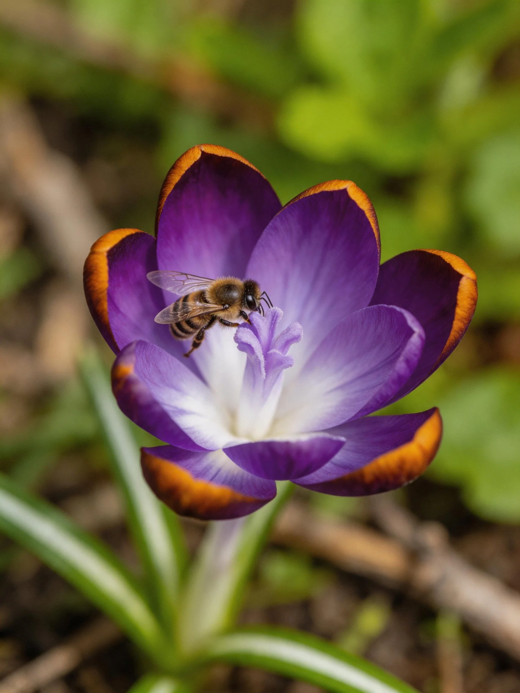 A bee pollinating a vibrant purple crocus with orange petal edges
