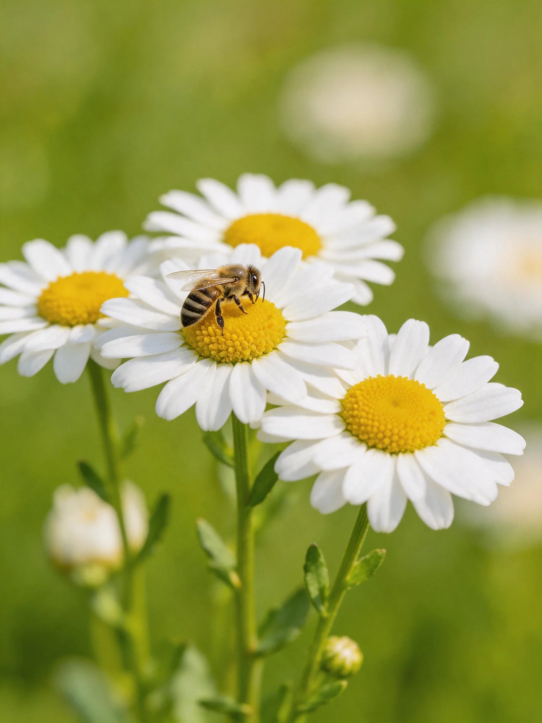 A bee pollinating four daisies with white petals and yellow centers