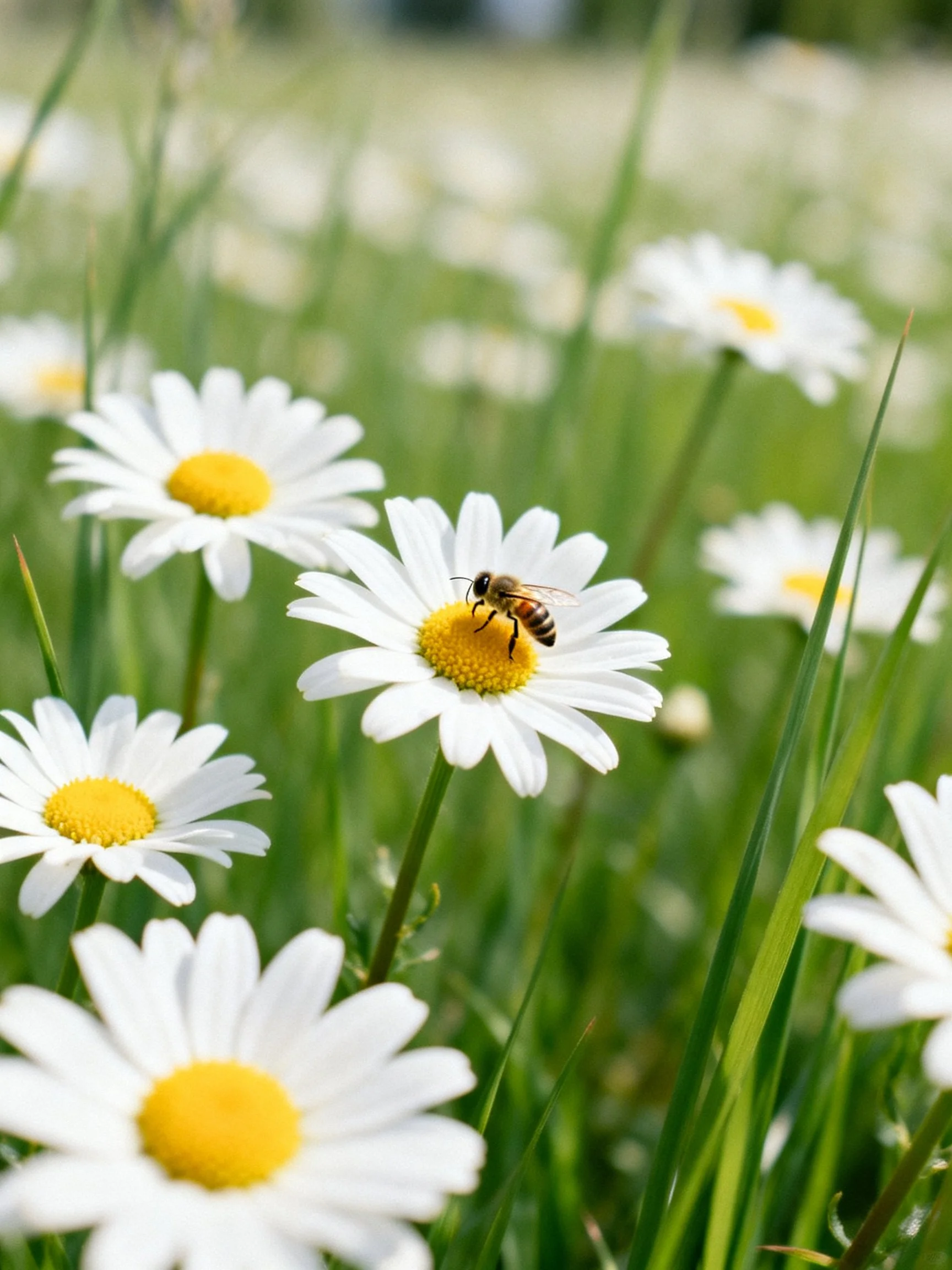 A bee pollinating white daisies among tall green grass