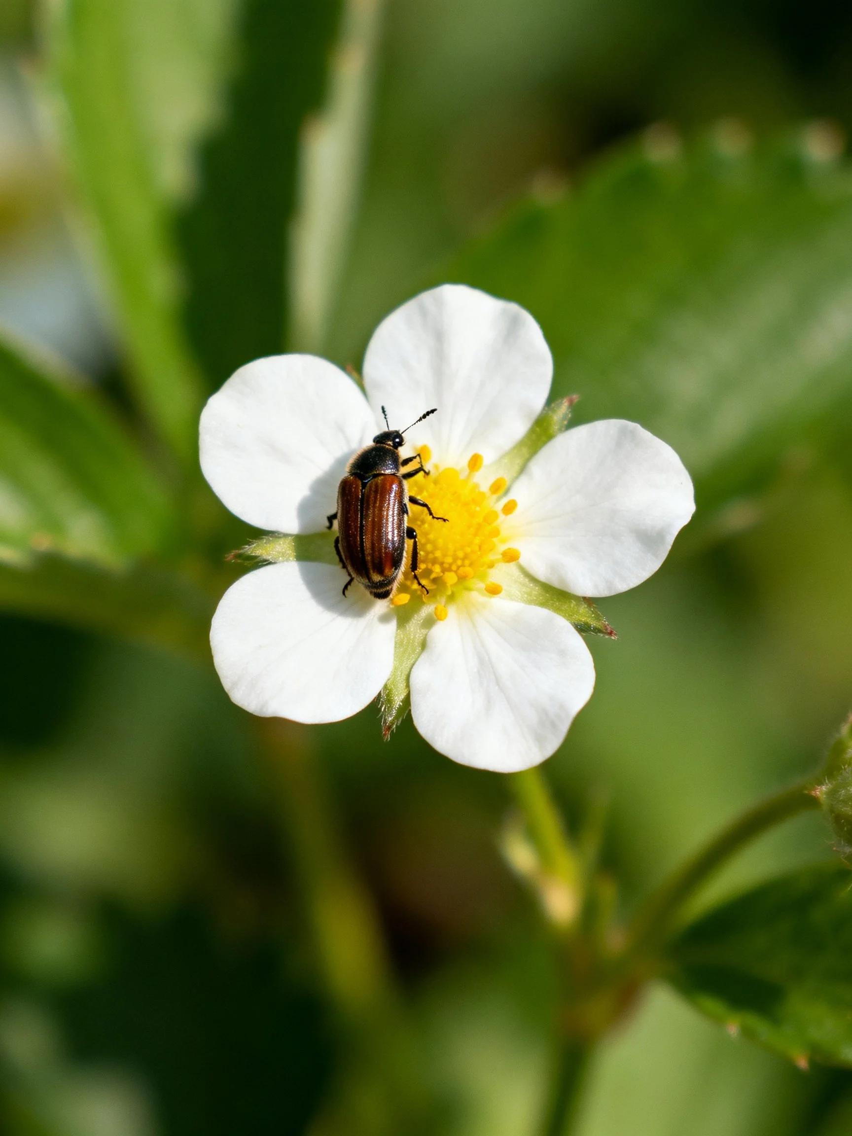 A beetle rests on a white five - petaled flower with a yellow center