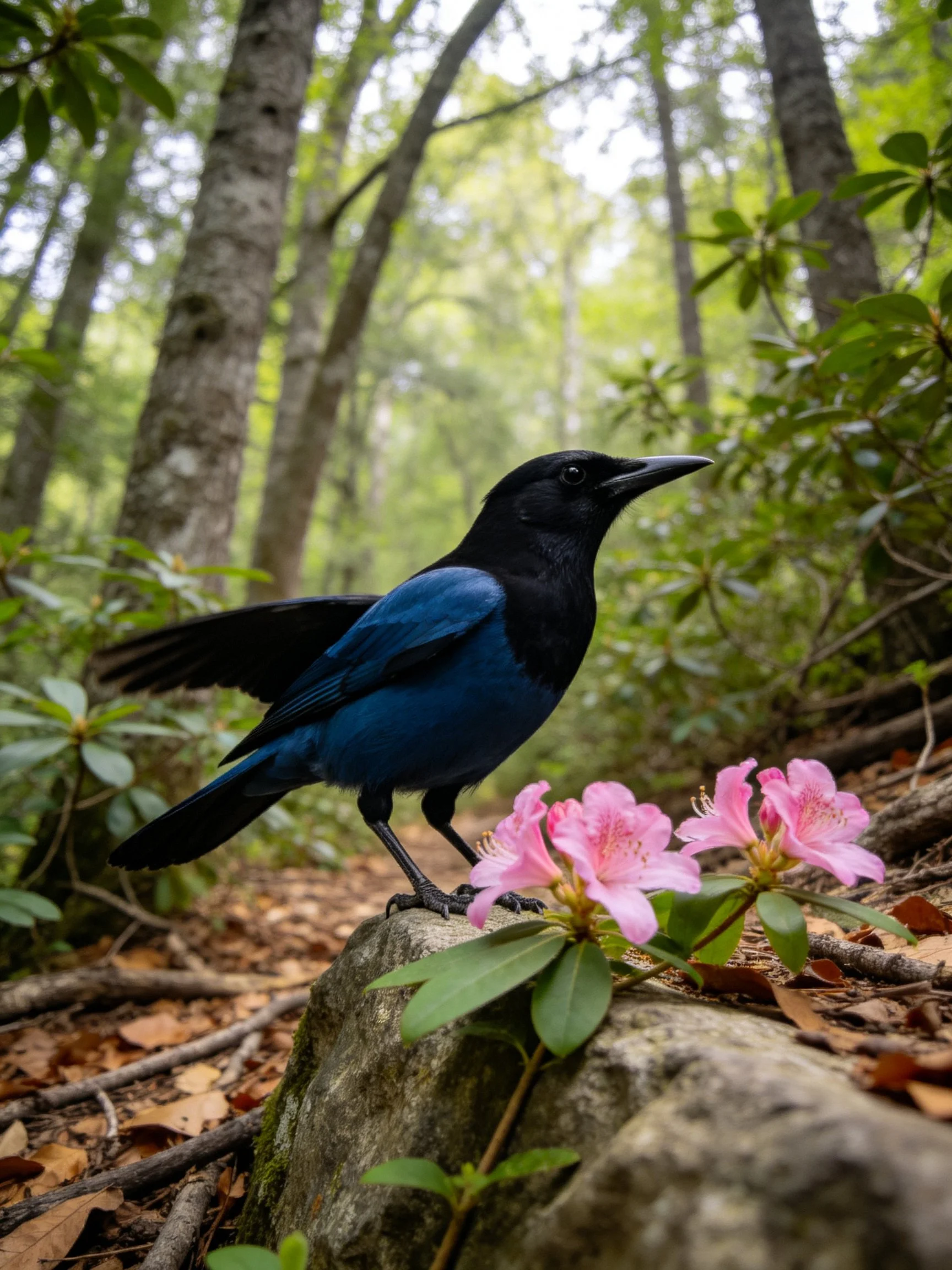 A black and blue bird perched near pink flowers in a forest