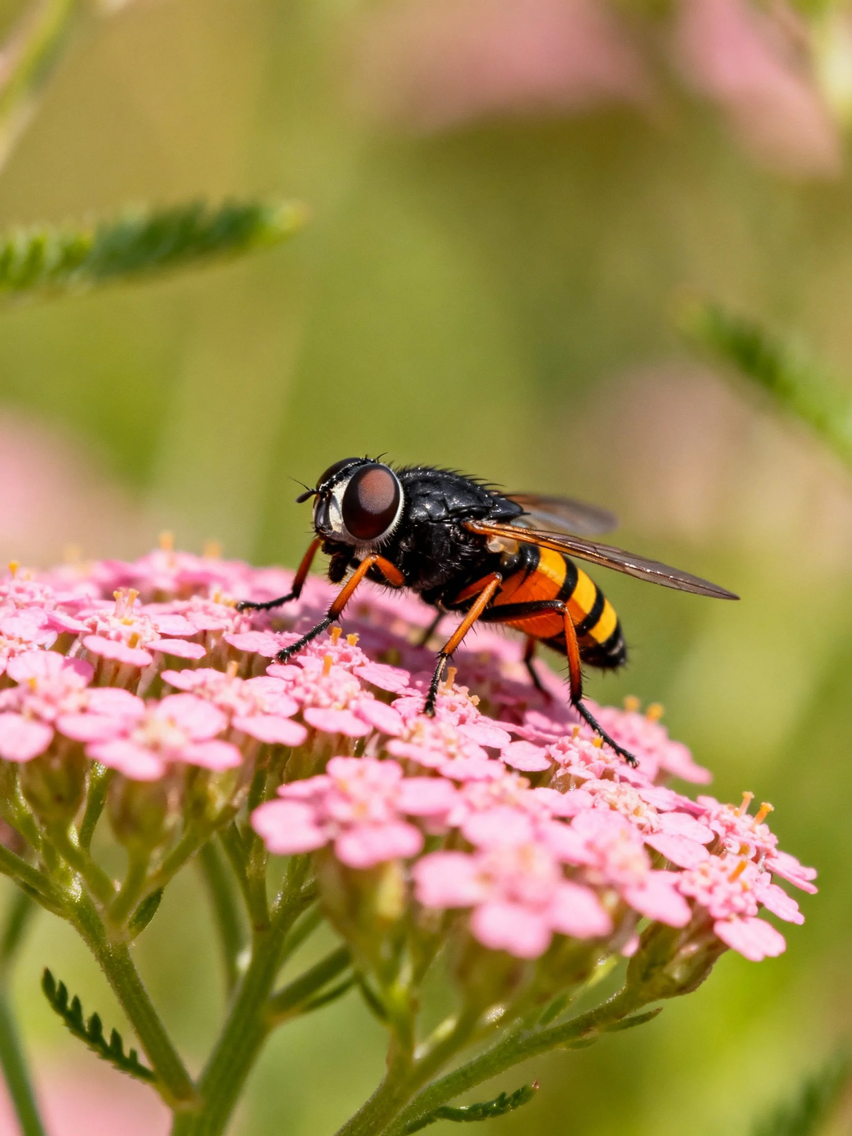 A black and orange hoverfly perched on clustered pink flowers
