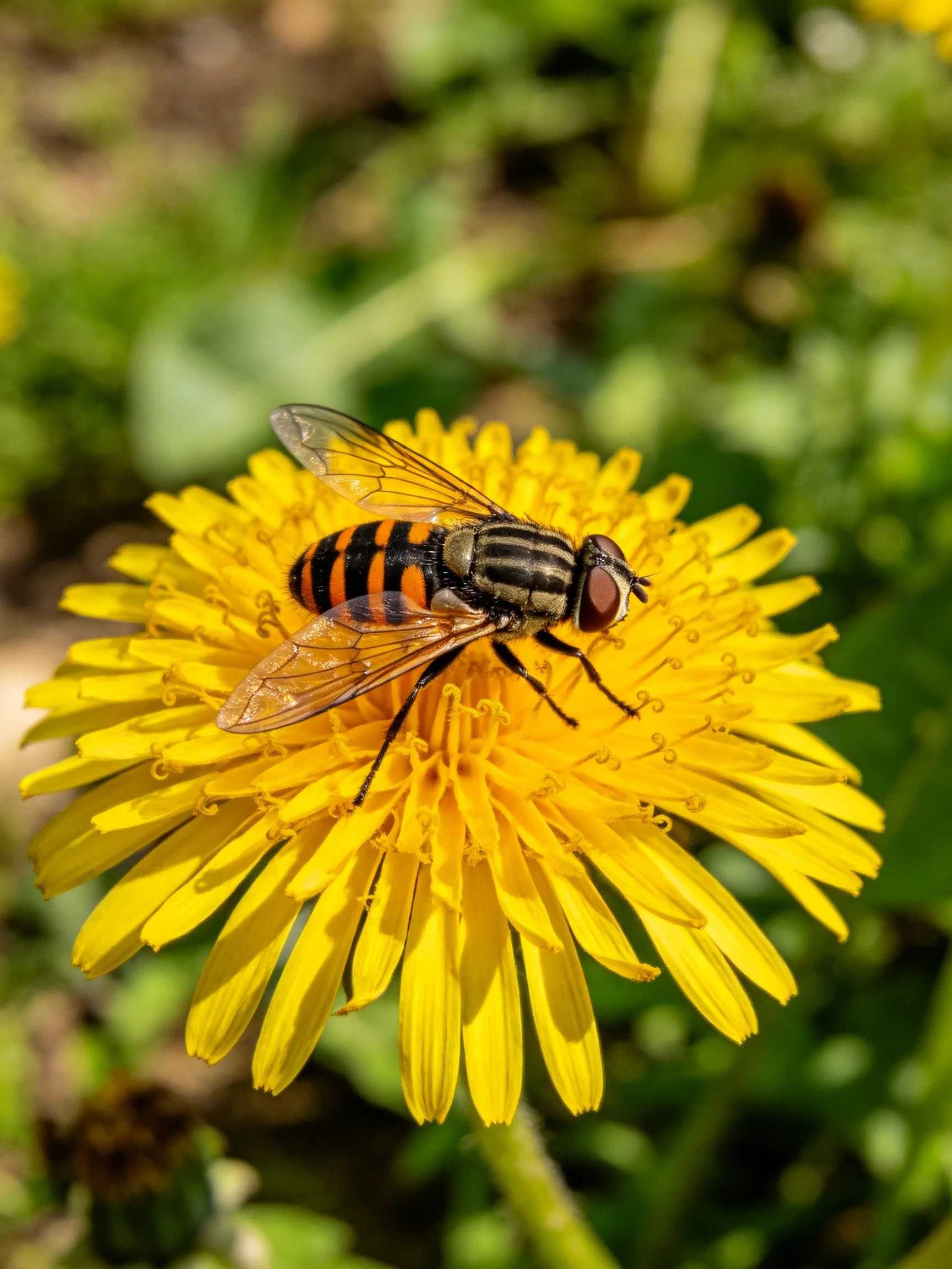 A black and orange striped fly on a bright yellow dandelion