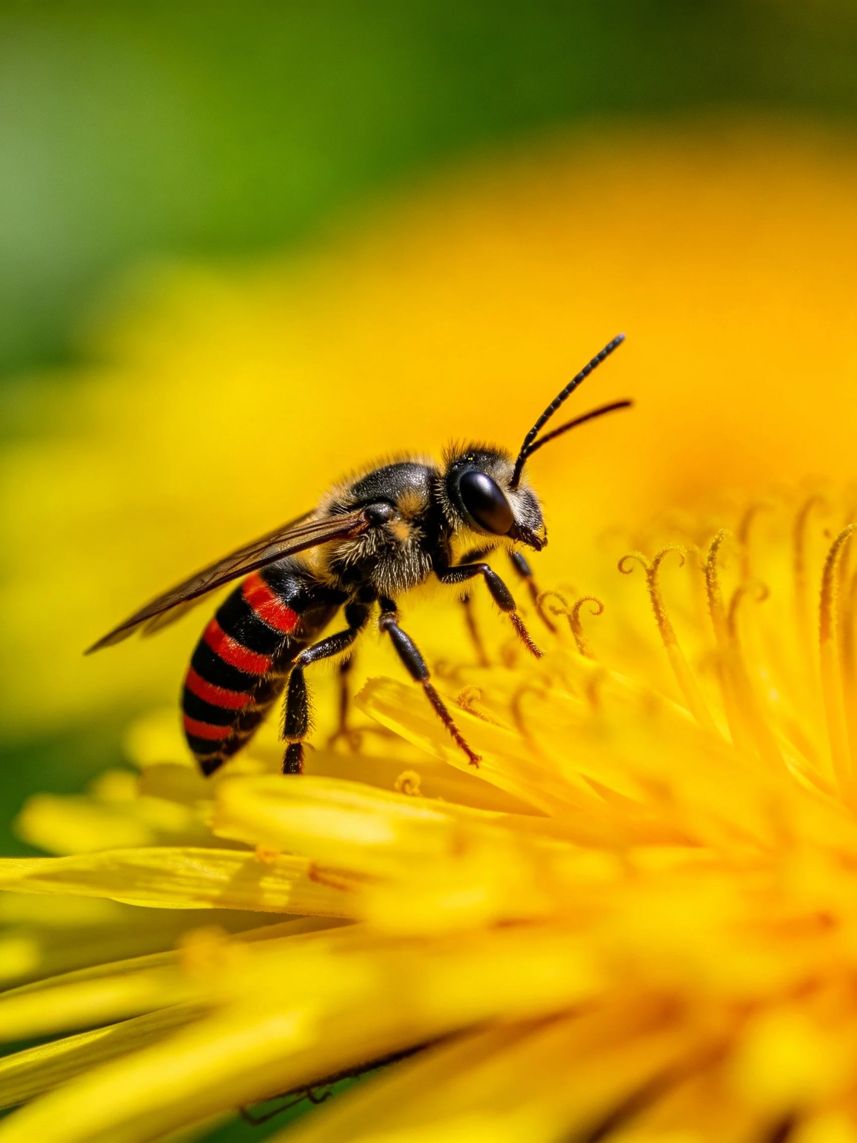 A black and red striped bee gathering pollen from a bright yellow flower