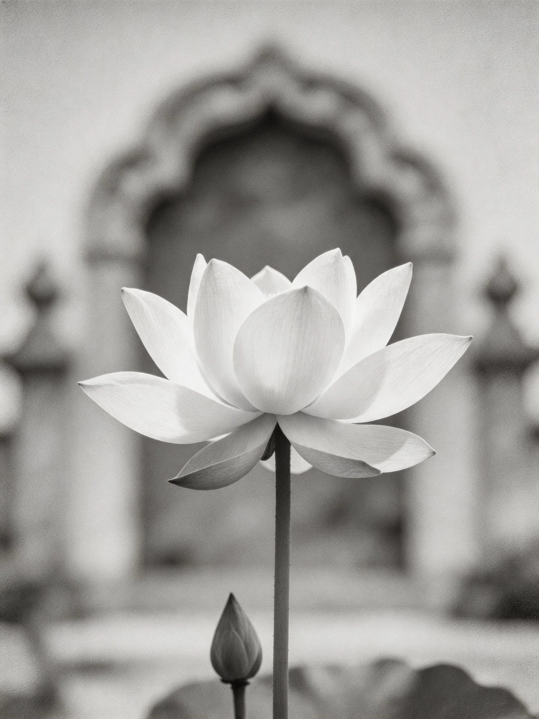 A black - and - white blooming lotus with a bud near an ornate arch