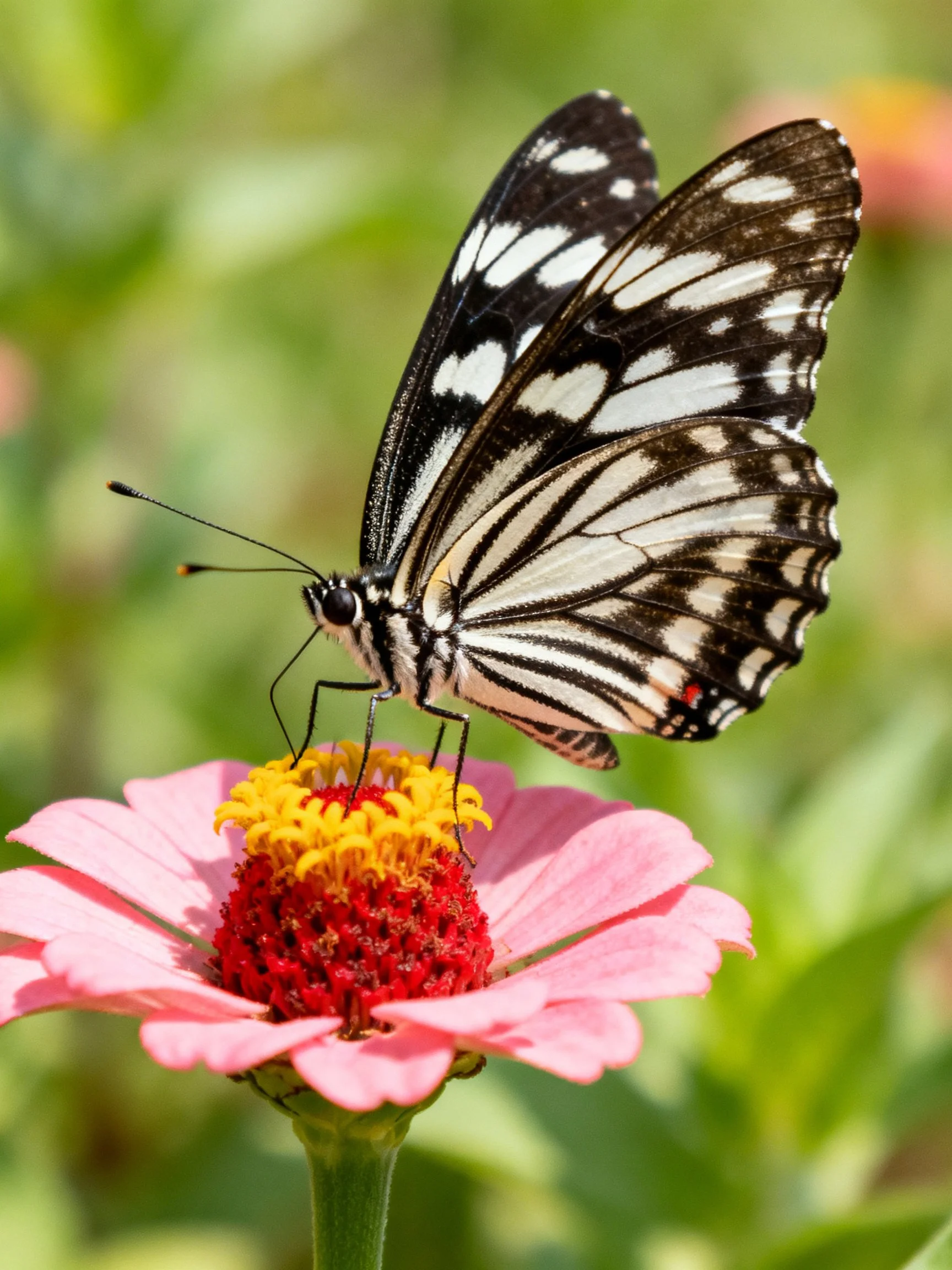 A black-and-white butterfly perched on a pink zinnia with yellow-red center