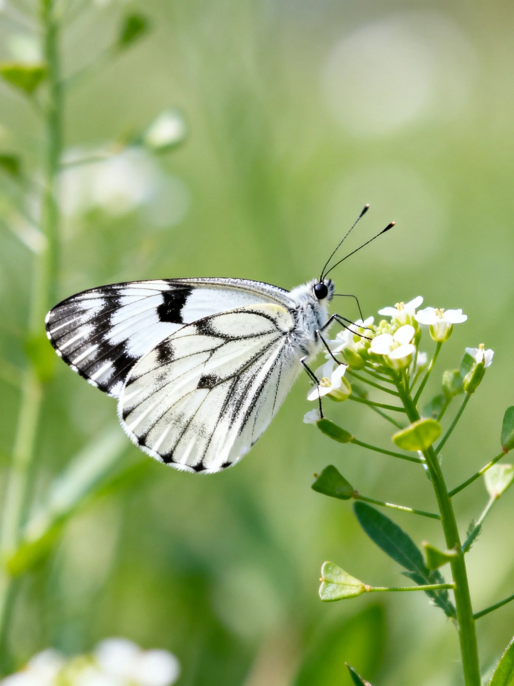 A black-and-white butterfly perched on small white blooms