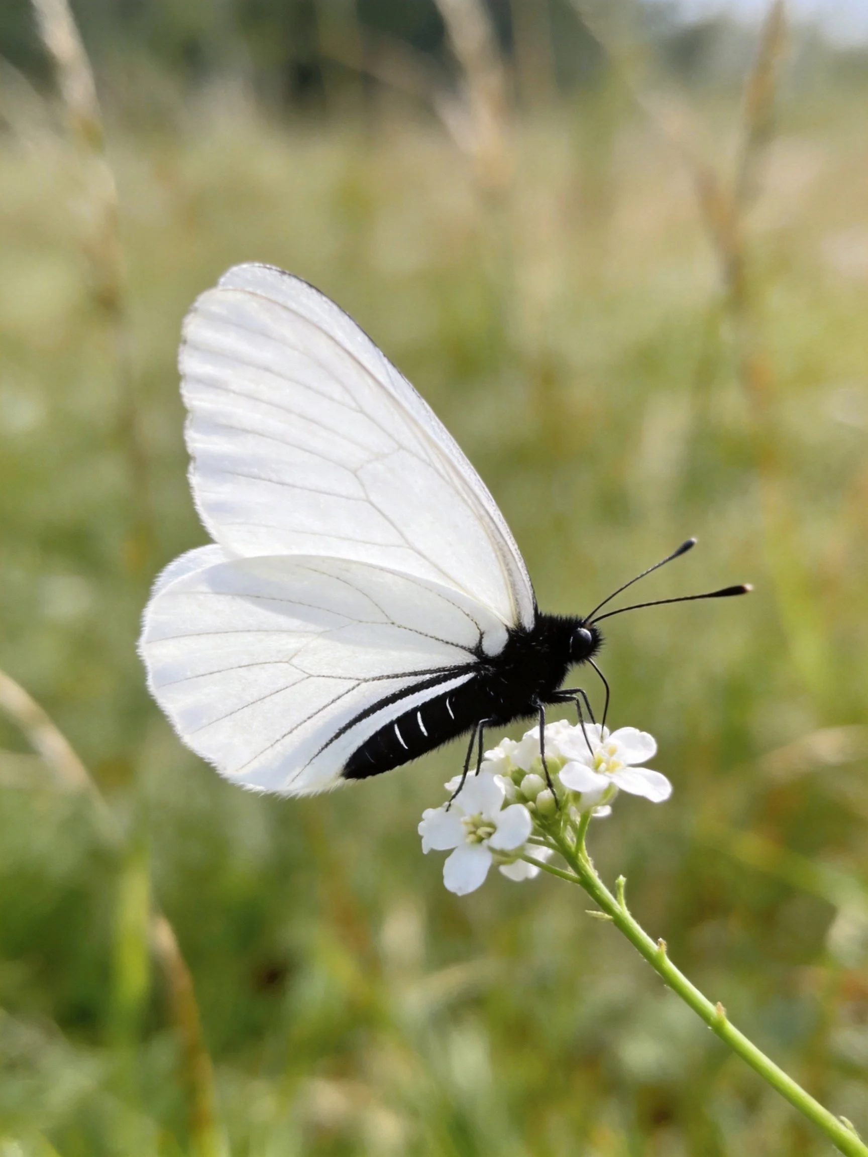 A black-and-white butterfly perched on small white flowers