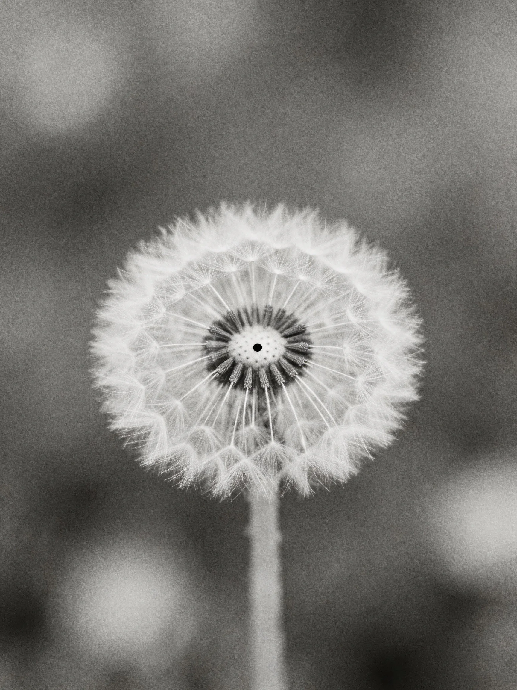 A black and white close-up of a mature dandelion seed head