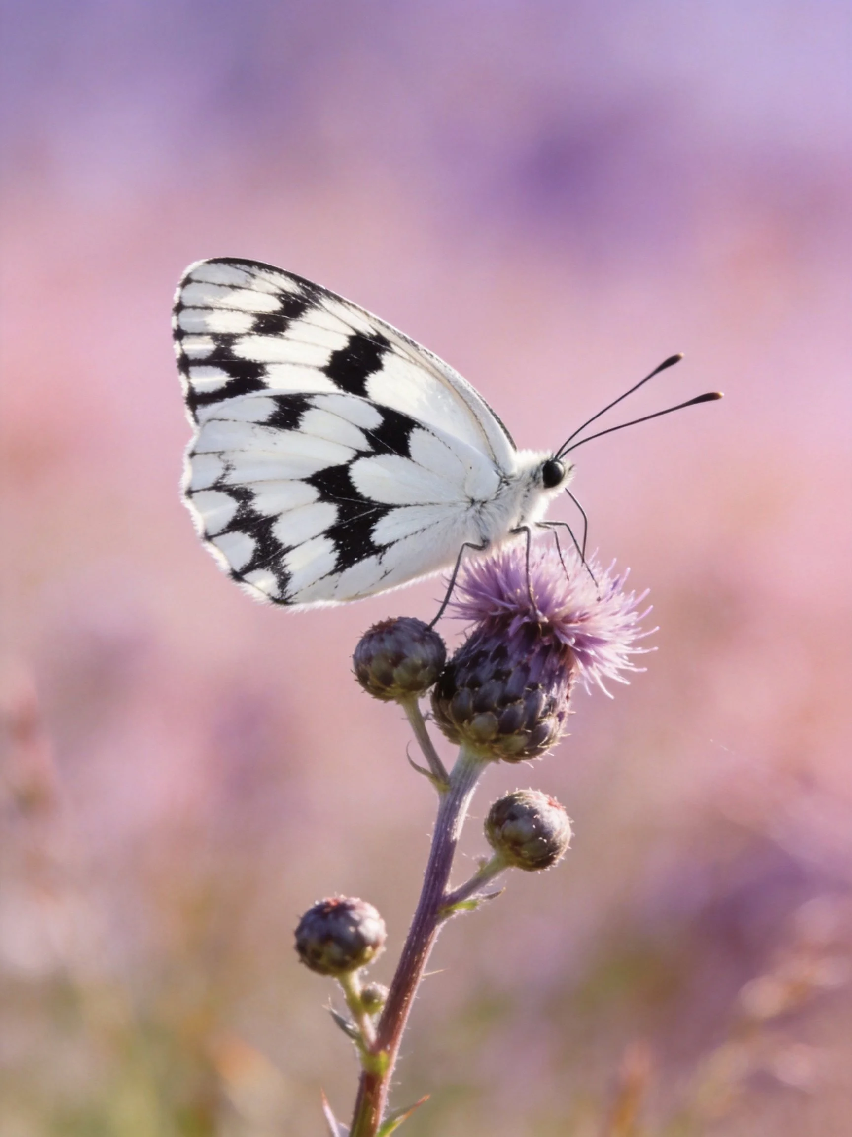 A black-and-white patterned butterfly perched on a purple thistle flower