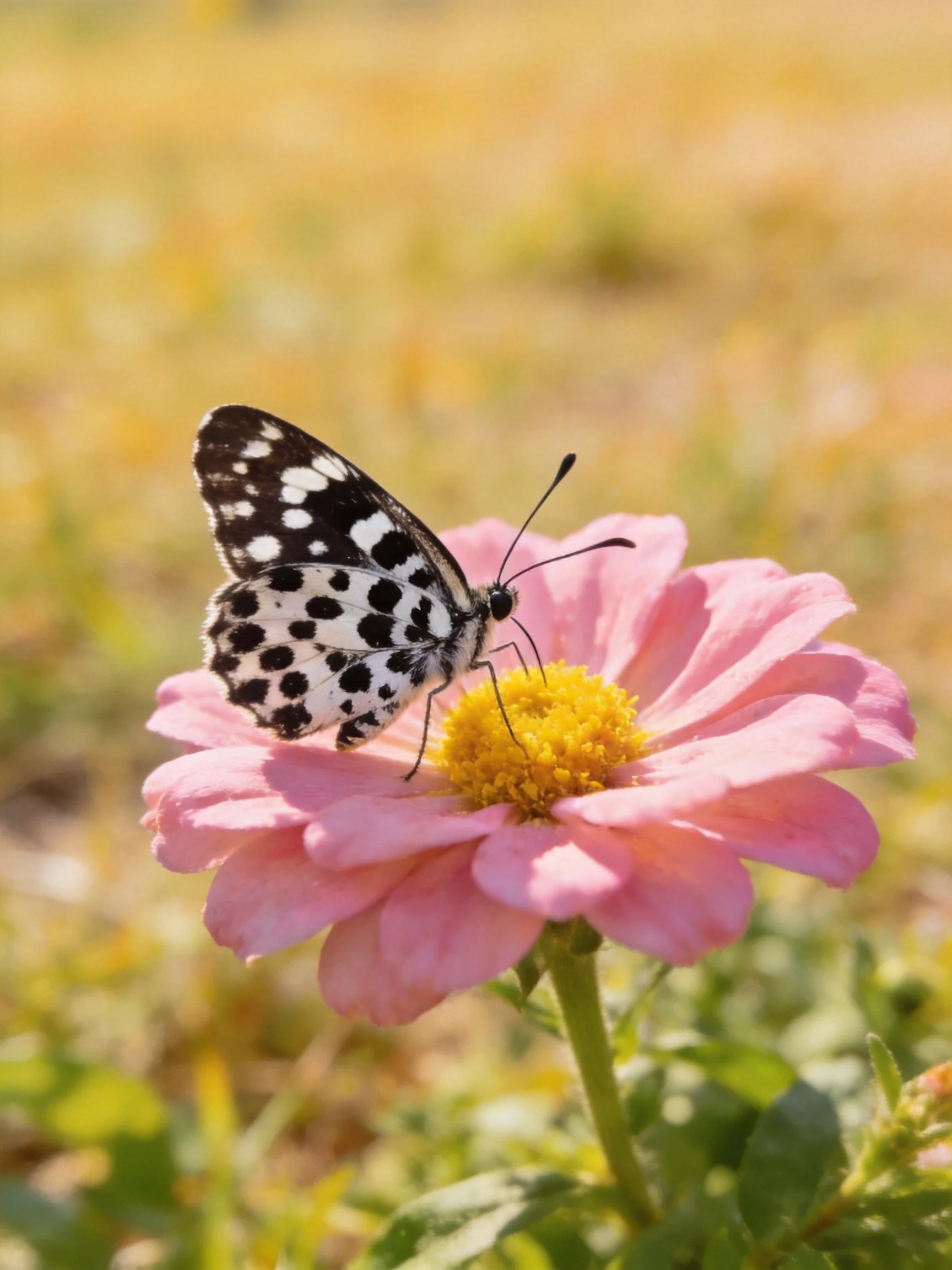 A black-and-white spotted butterfly on a pink zinnia flower