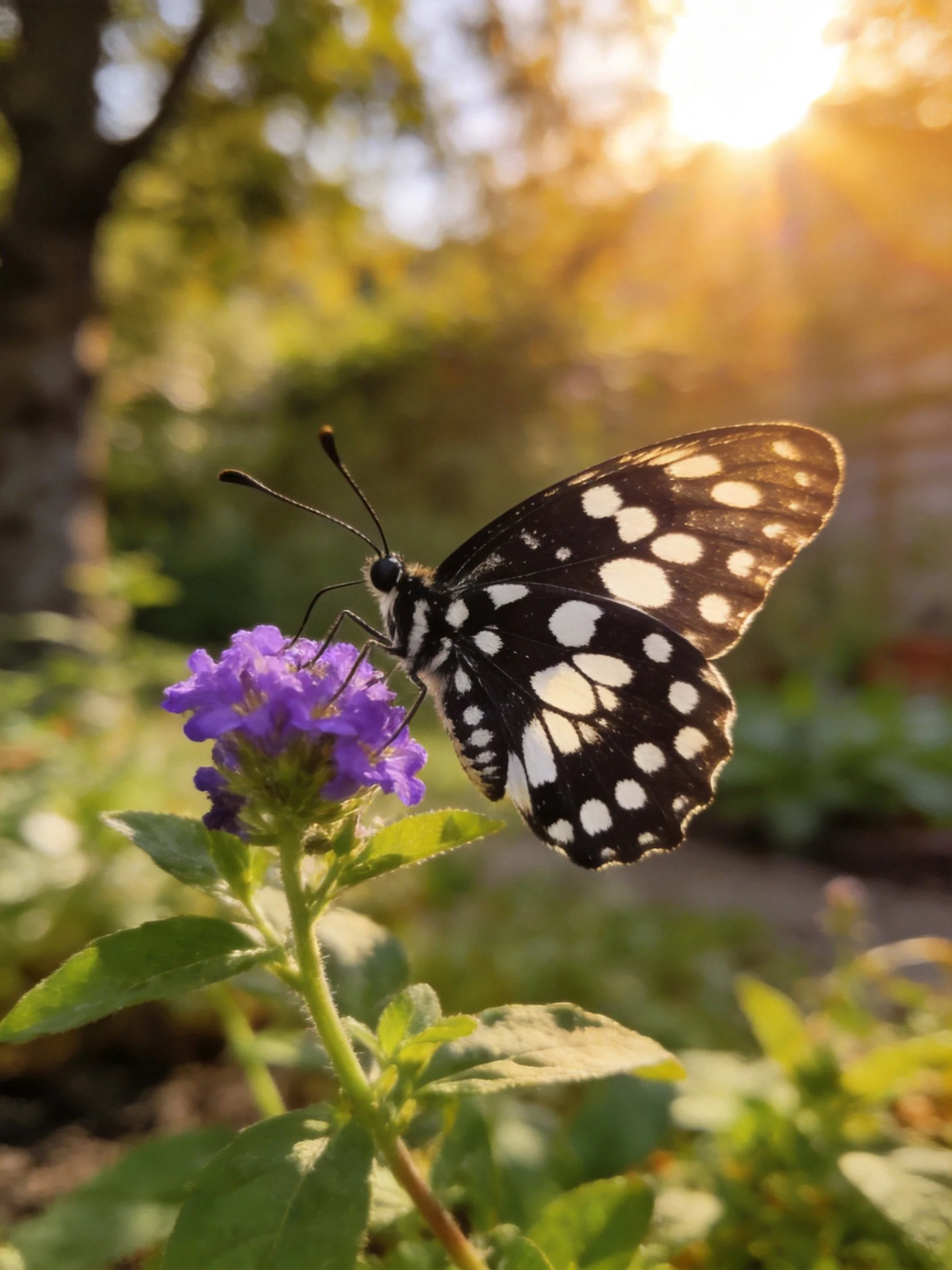 A black-and-white spotted butterfly perches on vibrant purple flowers
