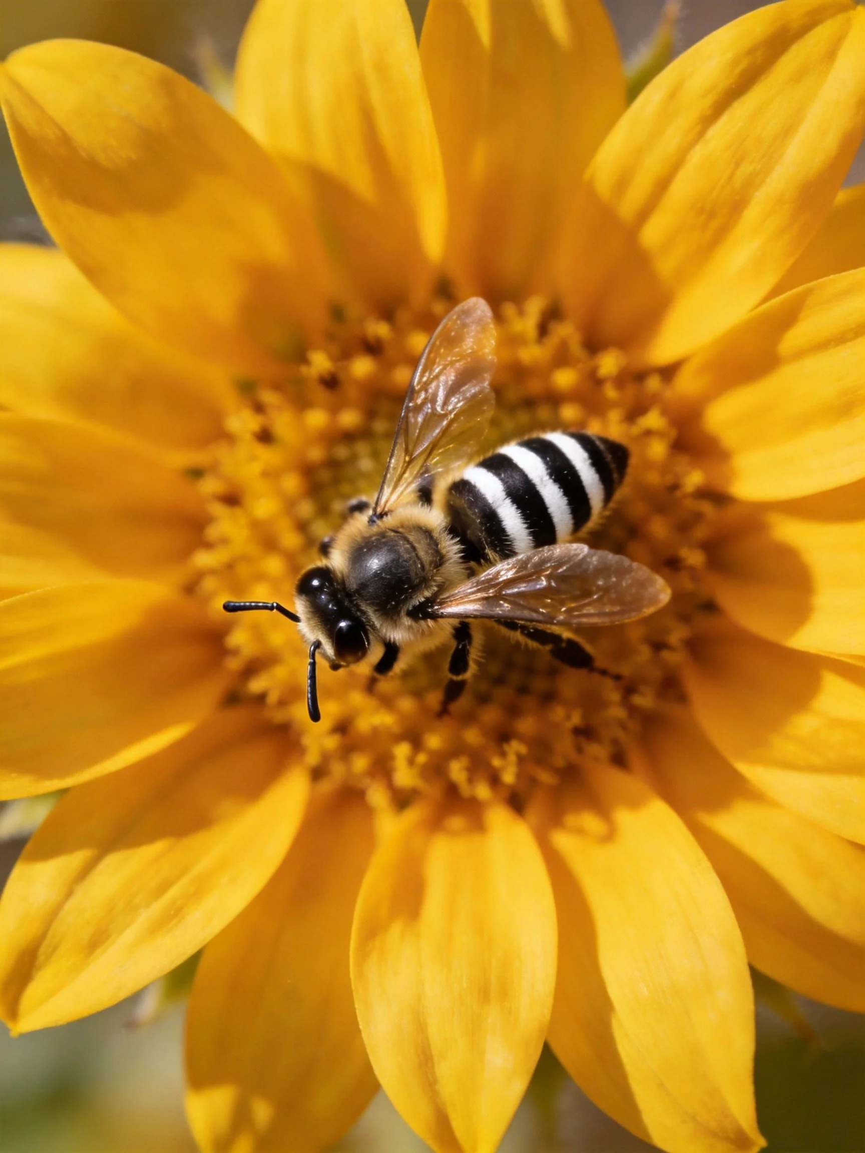 A black and white striped bee on a large bright yellow flower