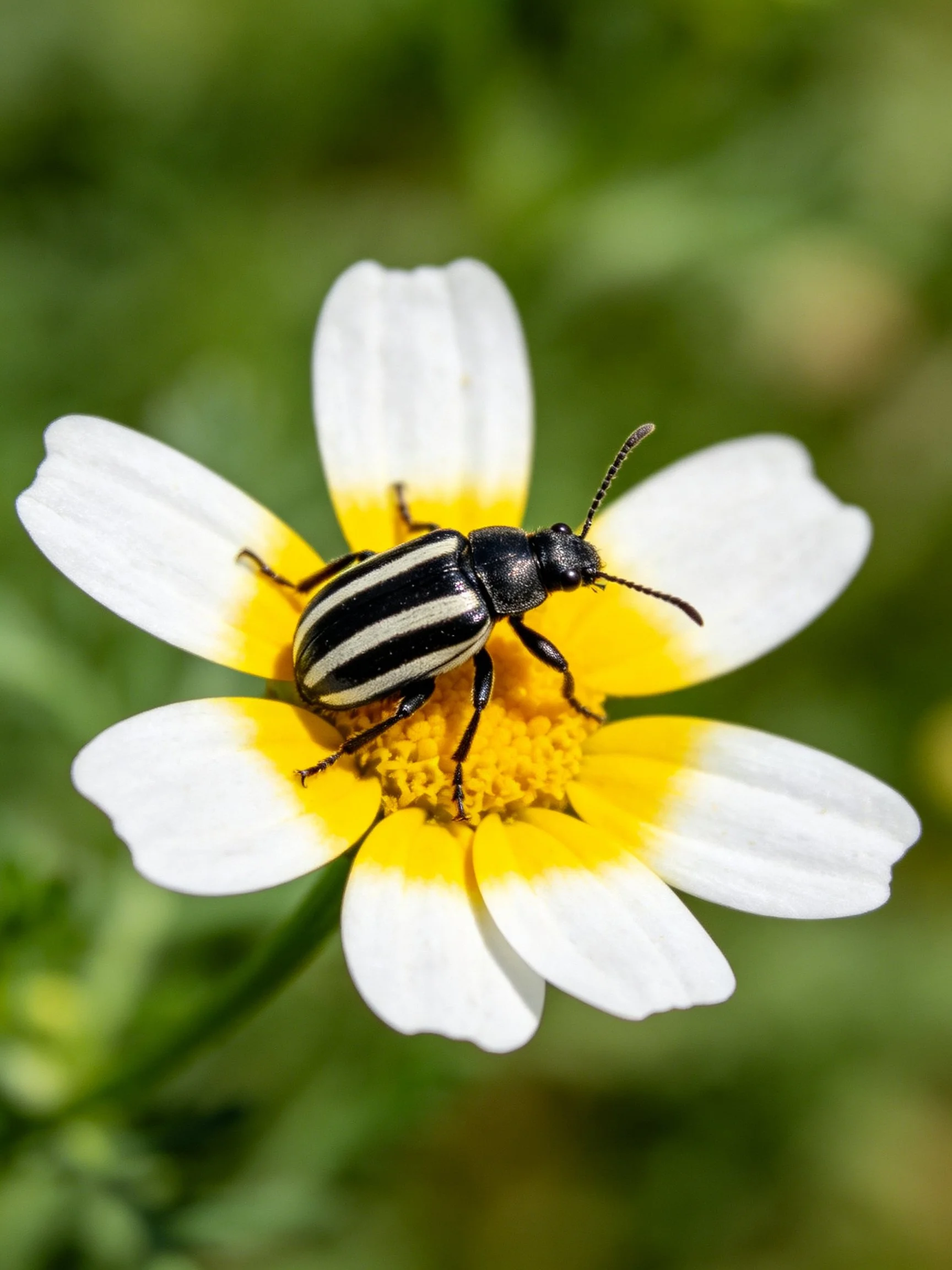 A black and white striped beetle on a yellow-centered white flower