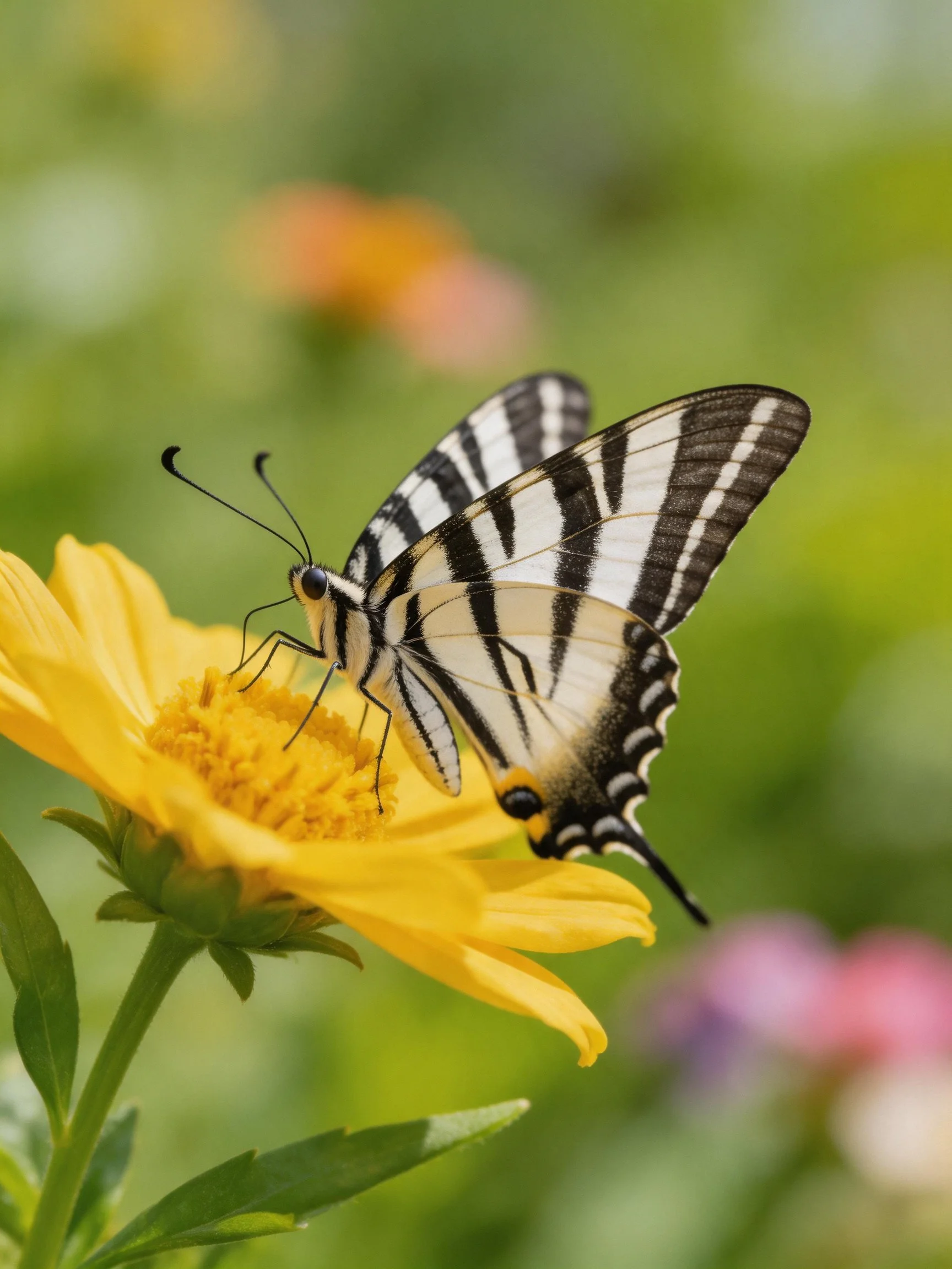 A black-and-white striped butterfly on a bright yellow flower