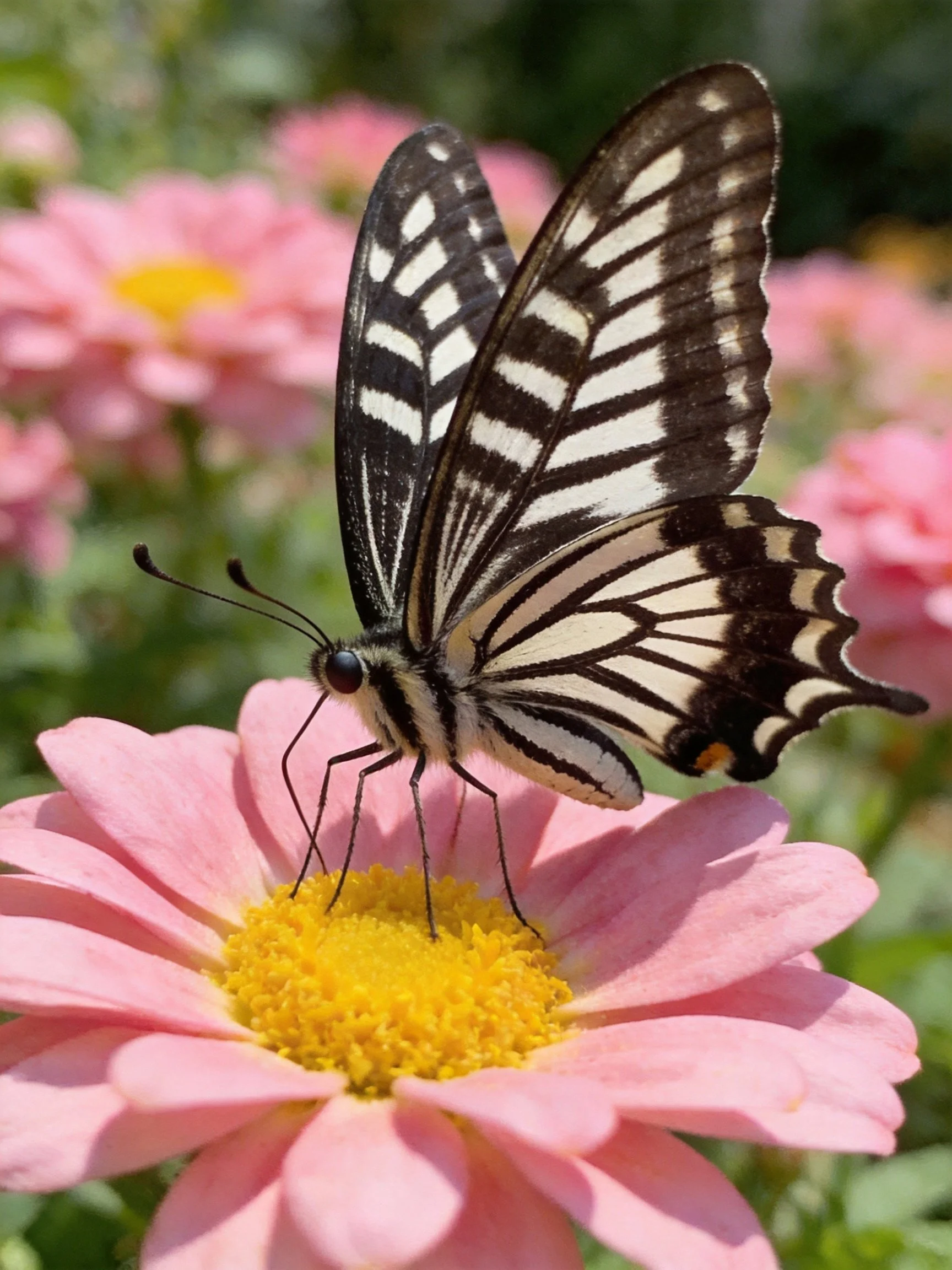 A black-and-white striped butterfly on a pink flower with a yellow center