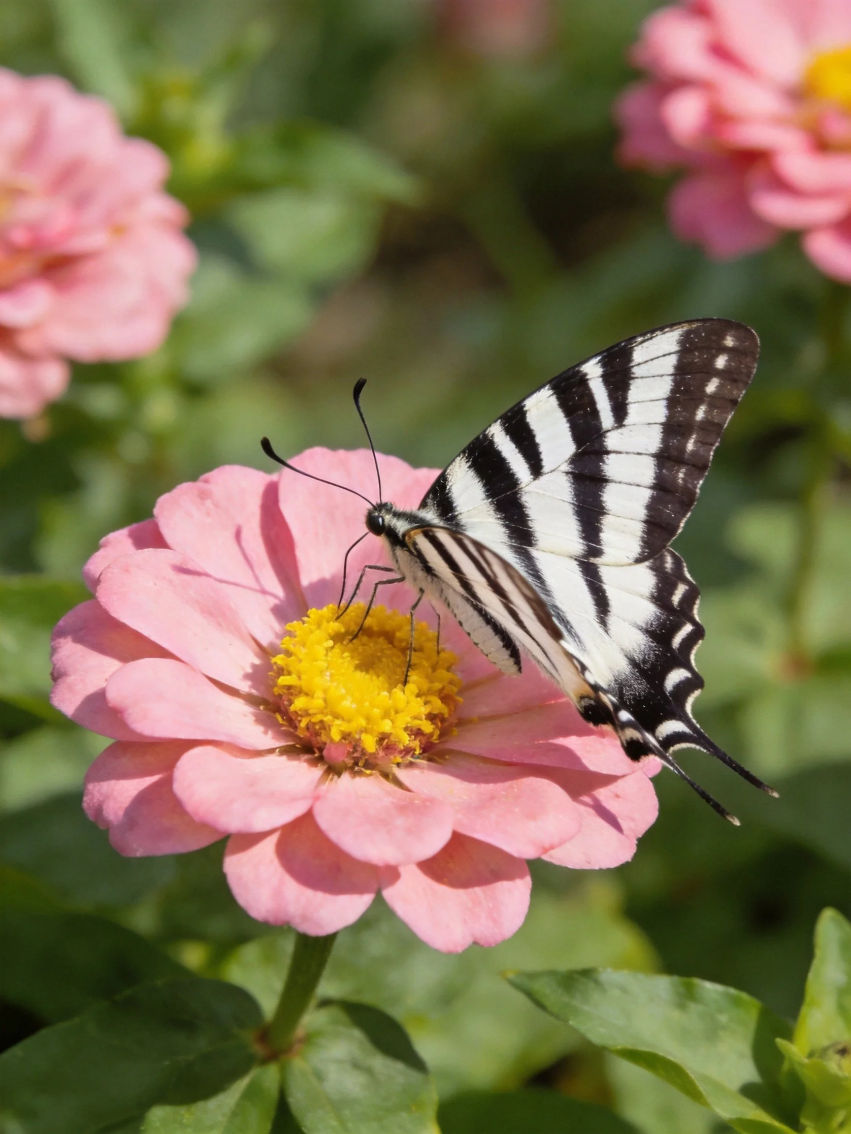 A black-and-white striped butterfly on a pink zinnia flower