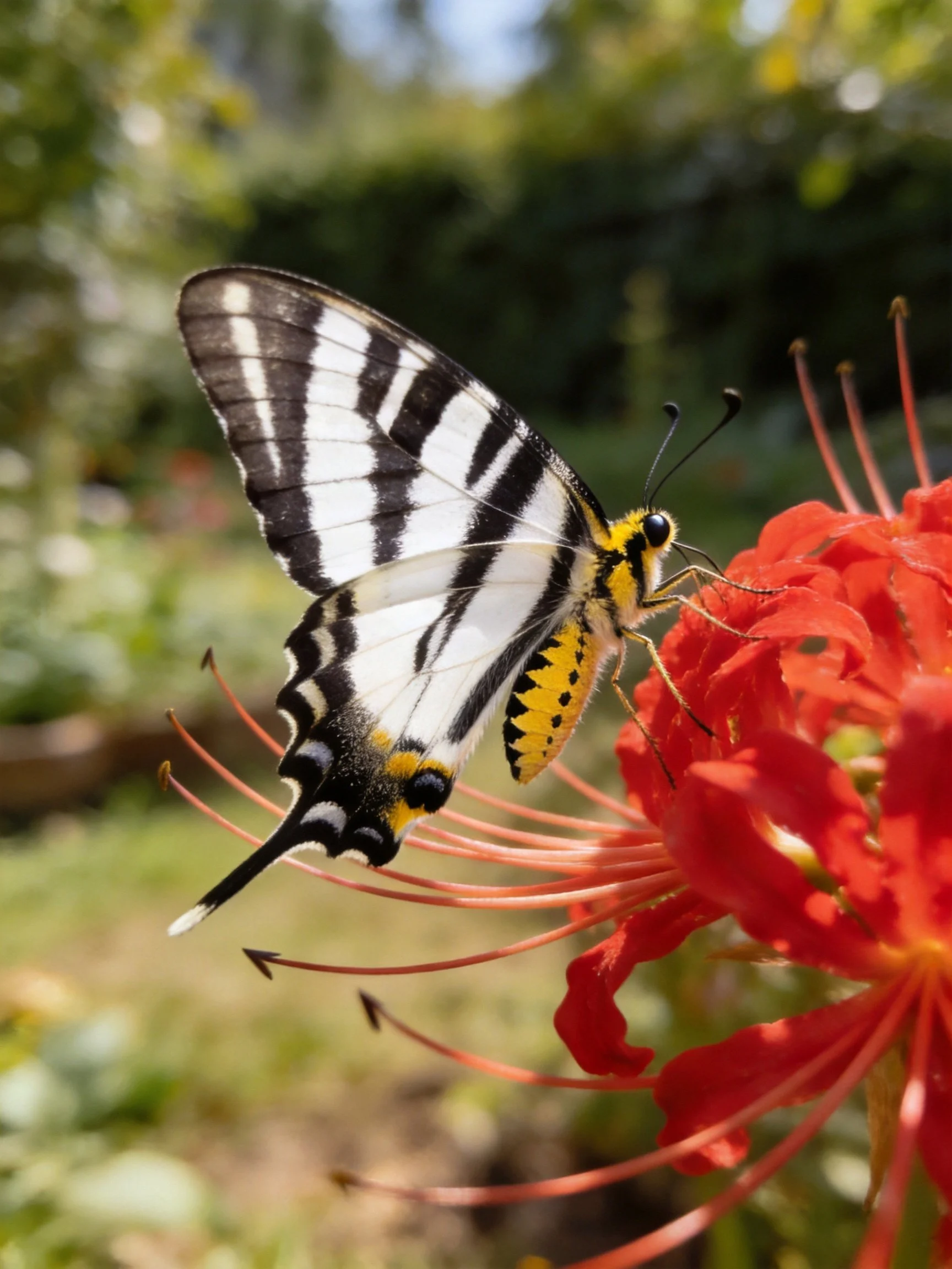 A black-and-white striped butterfly on bright red flowers