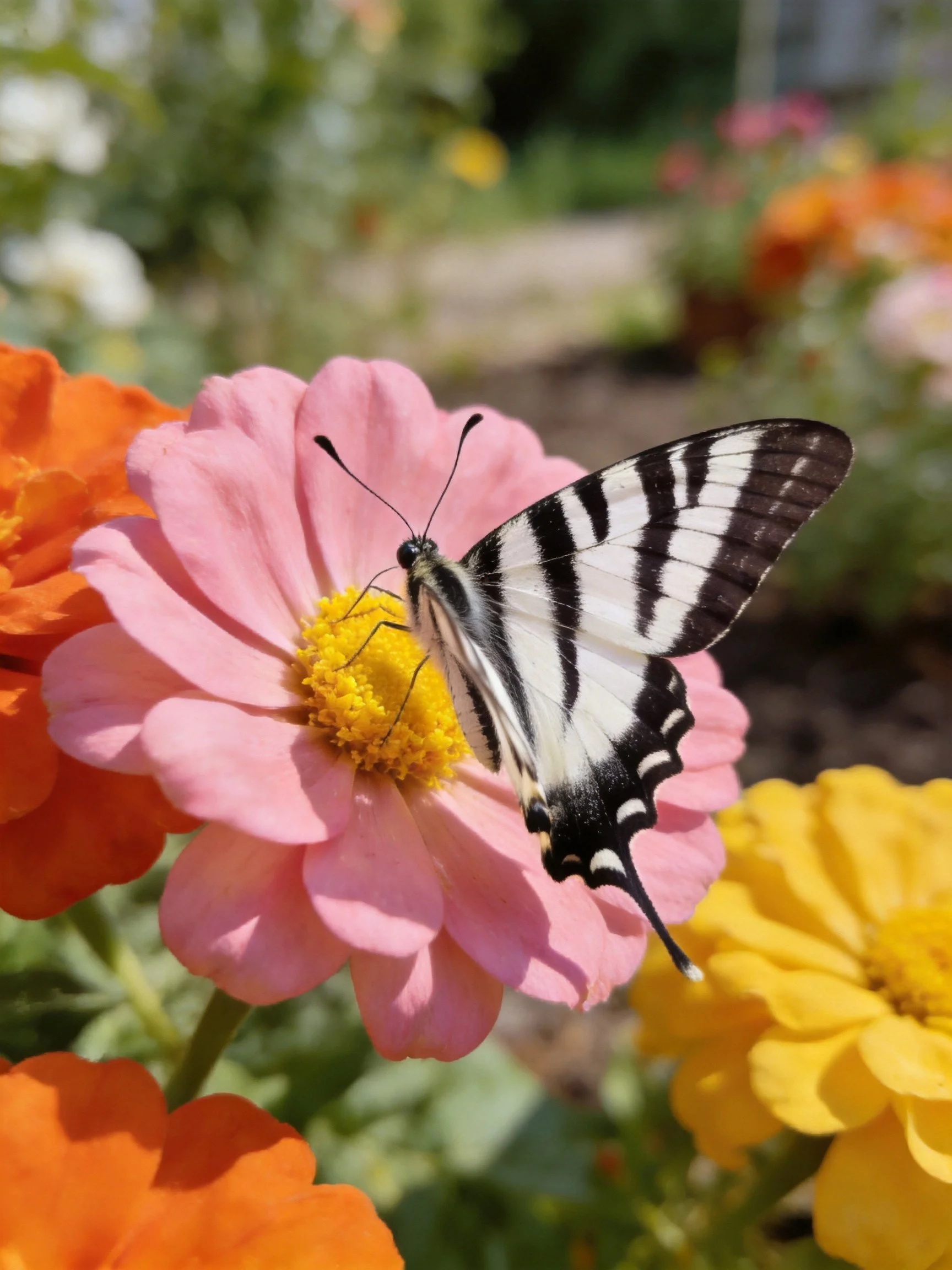 A black-and-white striped butterfly on pink and orange zinnias