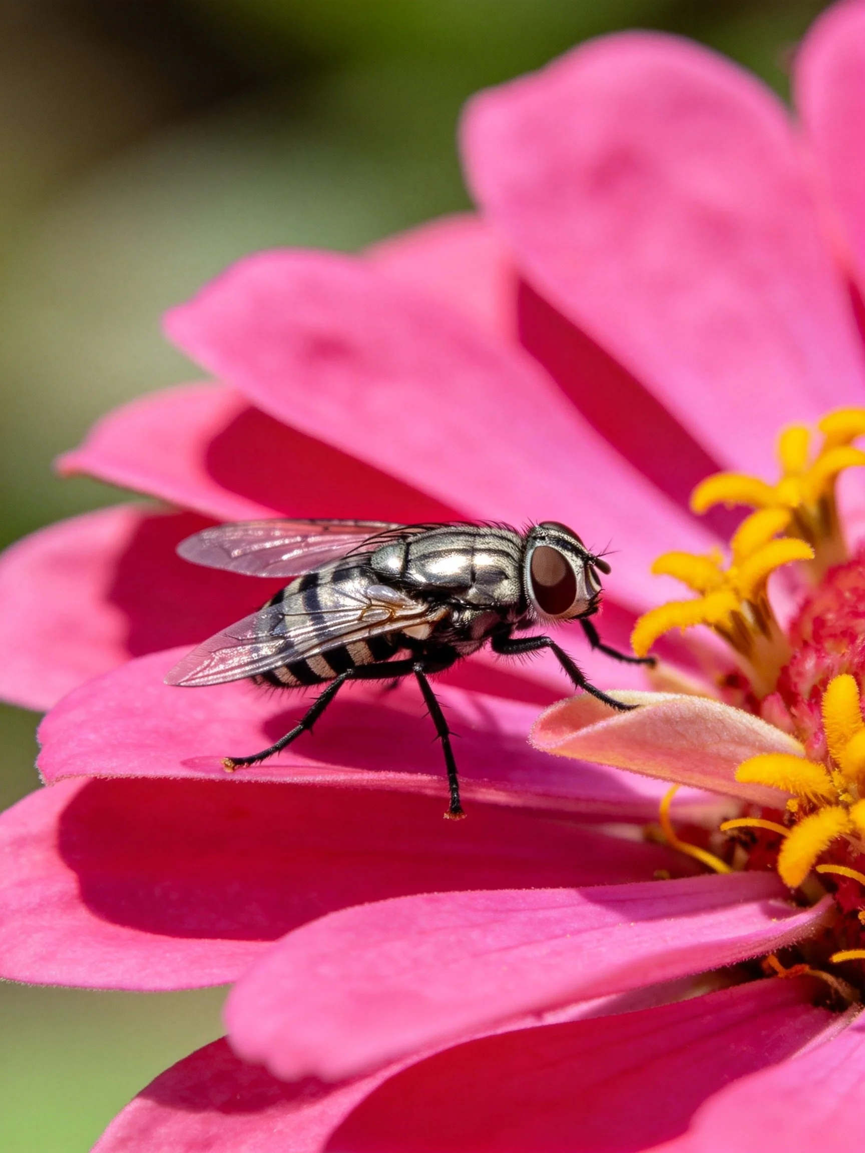 A black-and-white striped fly perches on a vibrant pink flower