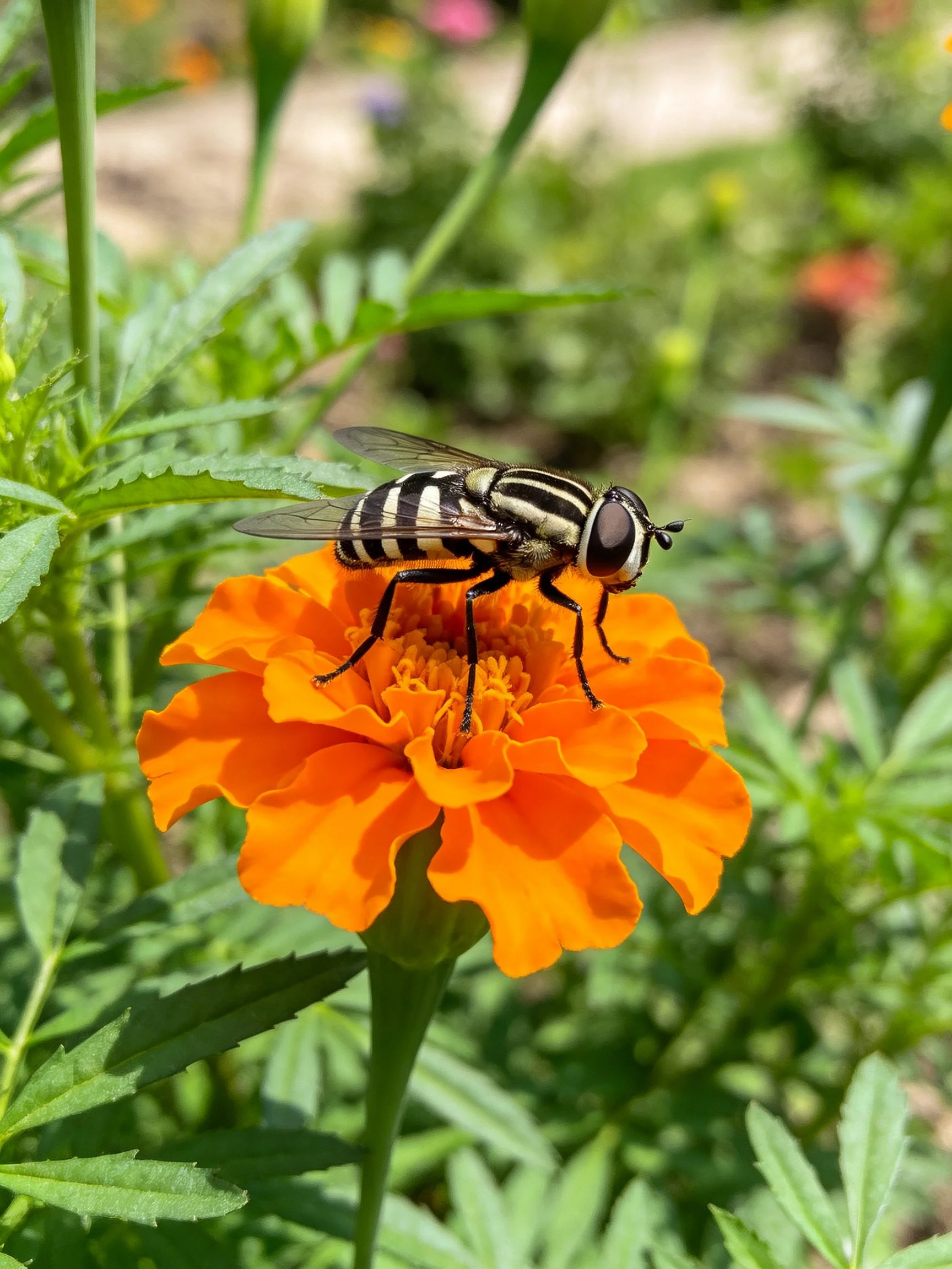 A black-and-white striped fly rests on a bright orange marigold