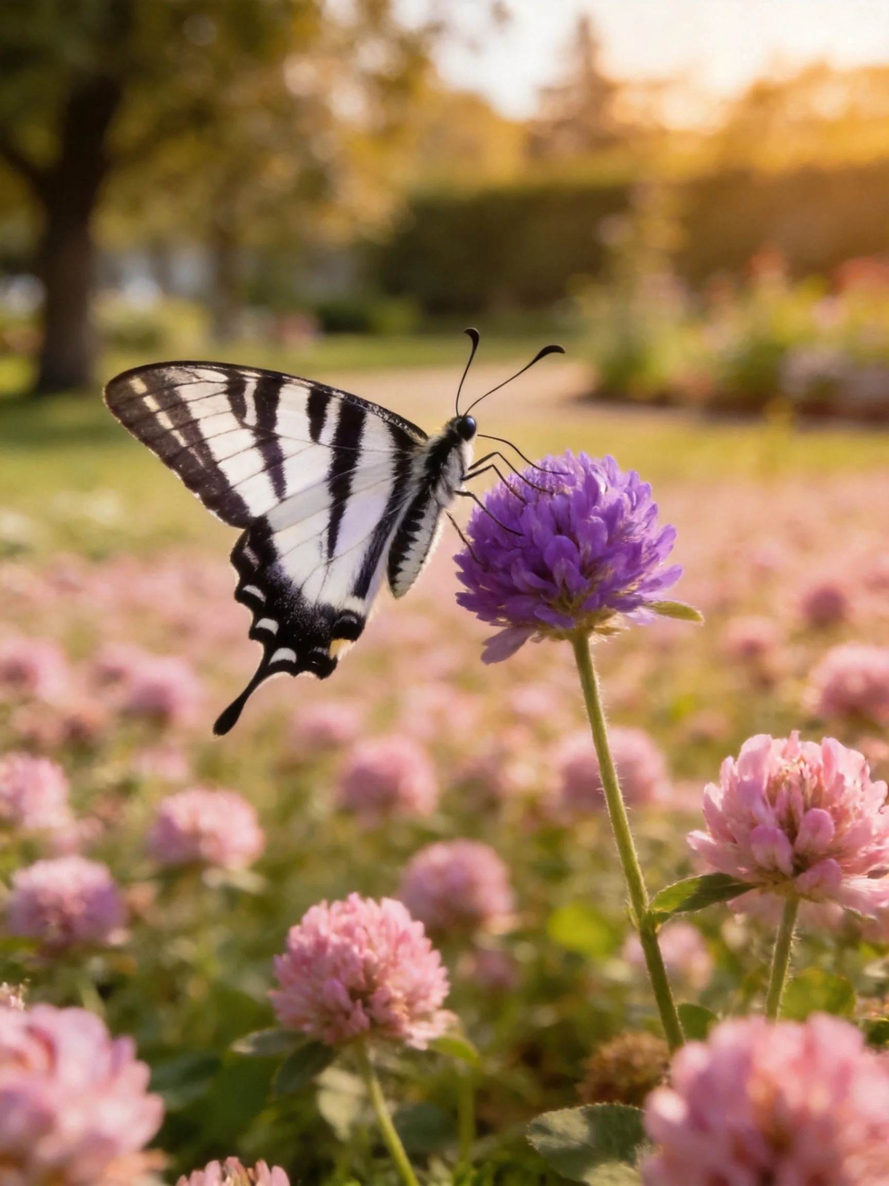 A black-and-white swallowtail butterfly on a vibrant purple clover