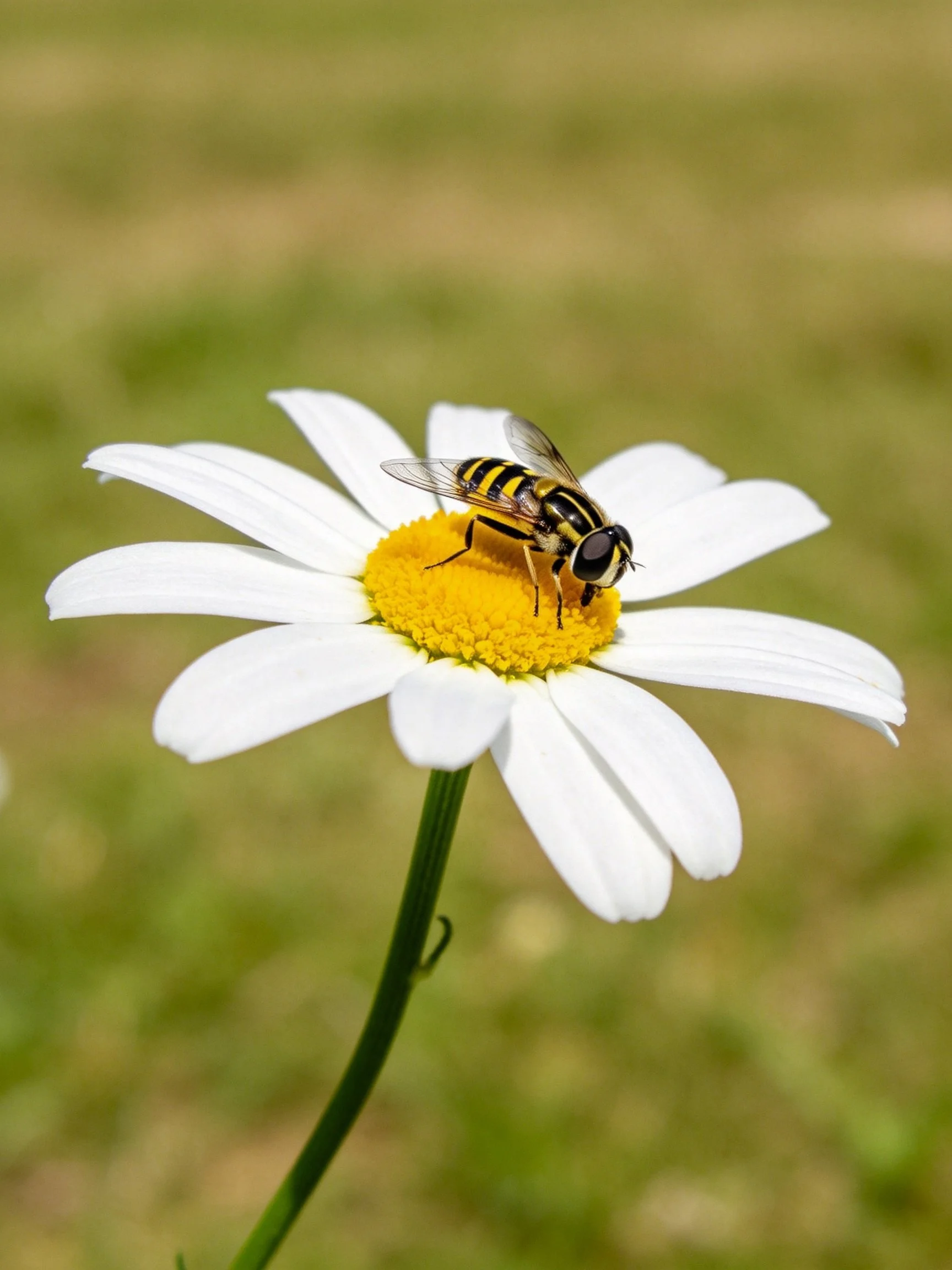 A black and yellow insect perches on a white daisy with yellow center