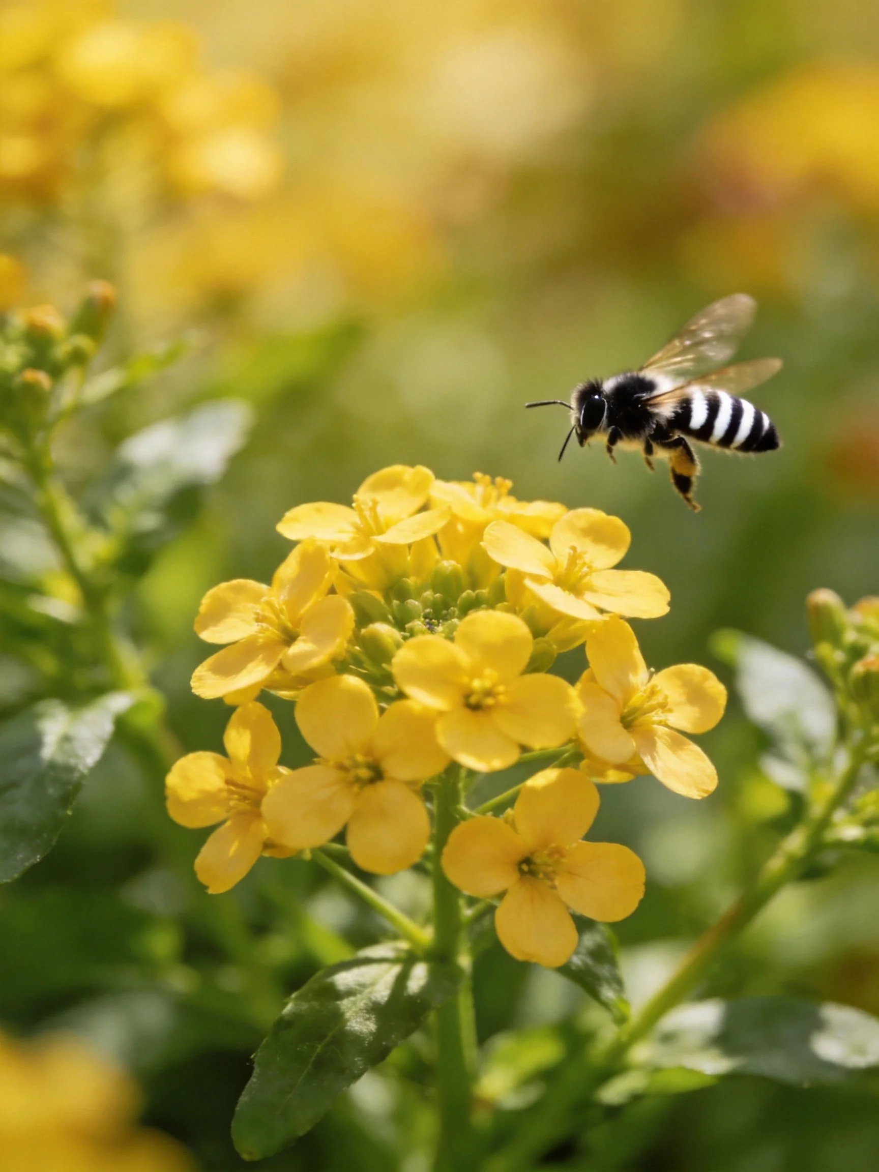 A black-and-yellow striped bee hovers over bright yellow clustered flowers in a sunlit garden